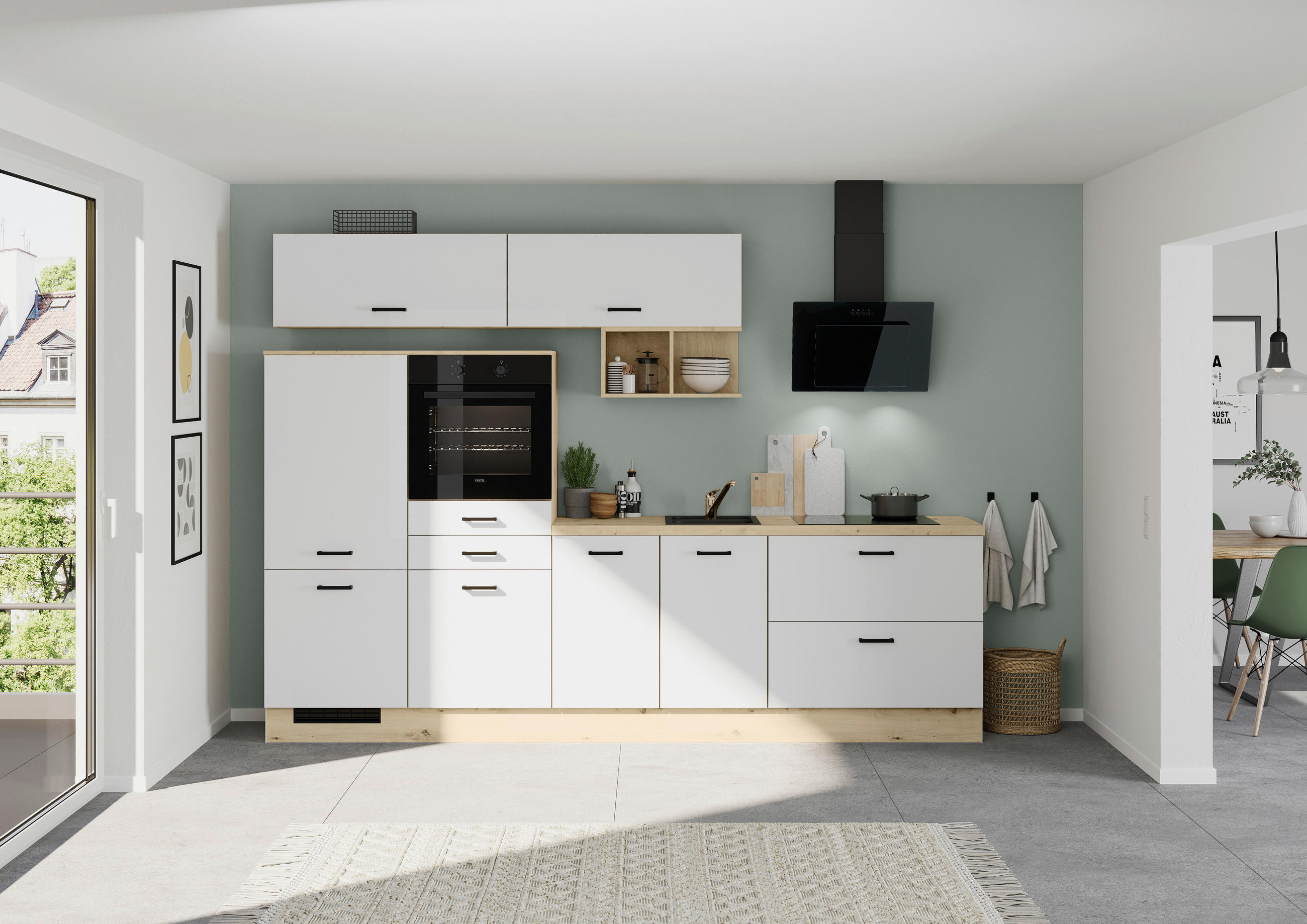 KÜCHENBLOCK IP 1200 300 cm  in Weiß  - Eichefarben/Schwarz, Design, Holzwerkstoff/Metall (300cm) - Impuls
