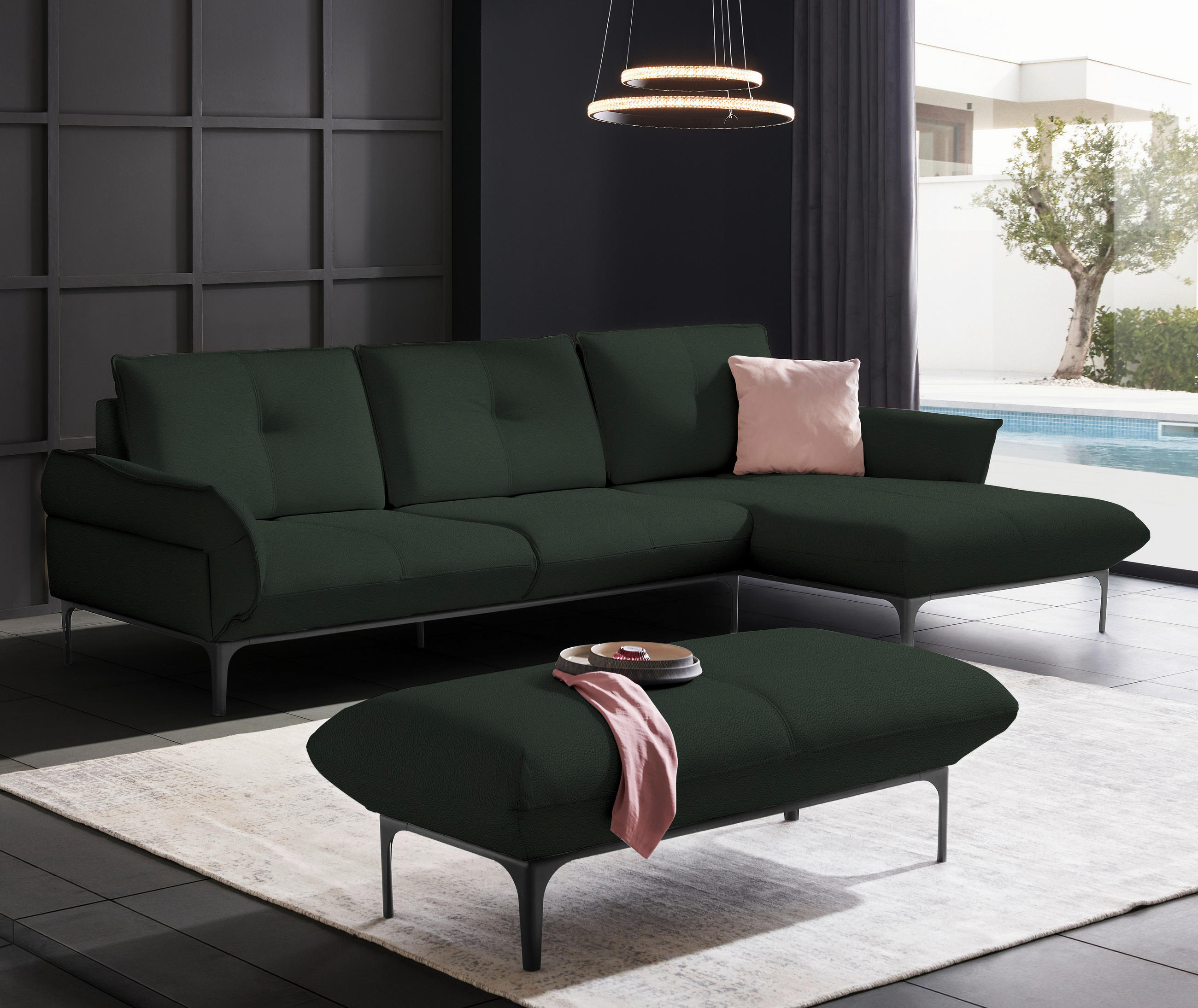 ECKSOFA in Echtleder Dunkelgrün  - Dunkelgrün/Schwarz, Design, Leder/Metall (319/182cm) - Valnatura