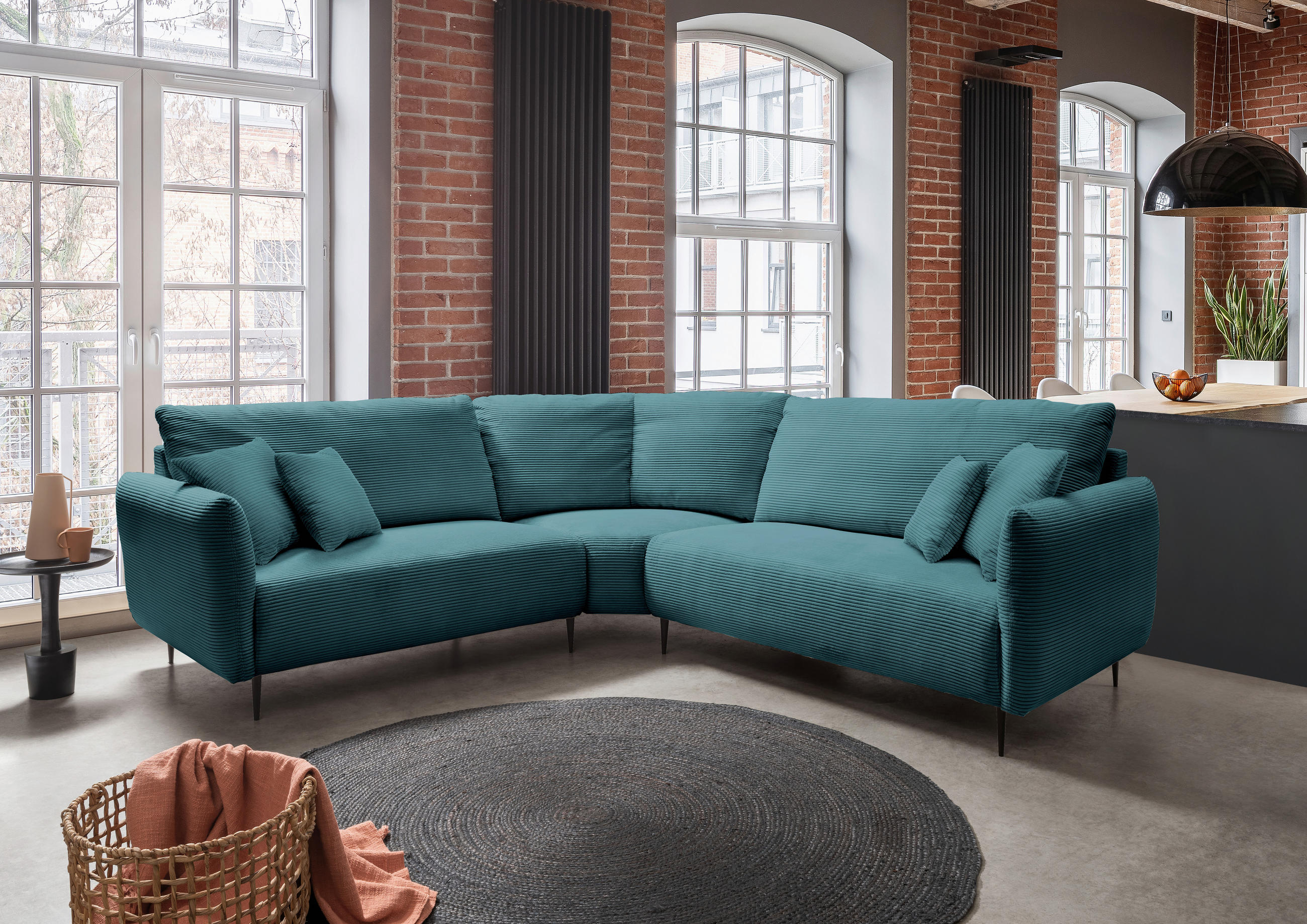 ECKSOFA in Cord Petrol  - Petrol/Schwarz, Design, Textil/Metall (256/256cm) - Livetastic