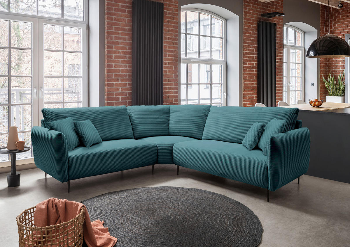 ECKSOFA Petrol Cord  - Petrol/Schwarz, Design, Textil/Metall (256/256cm) - Livetastic
