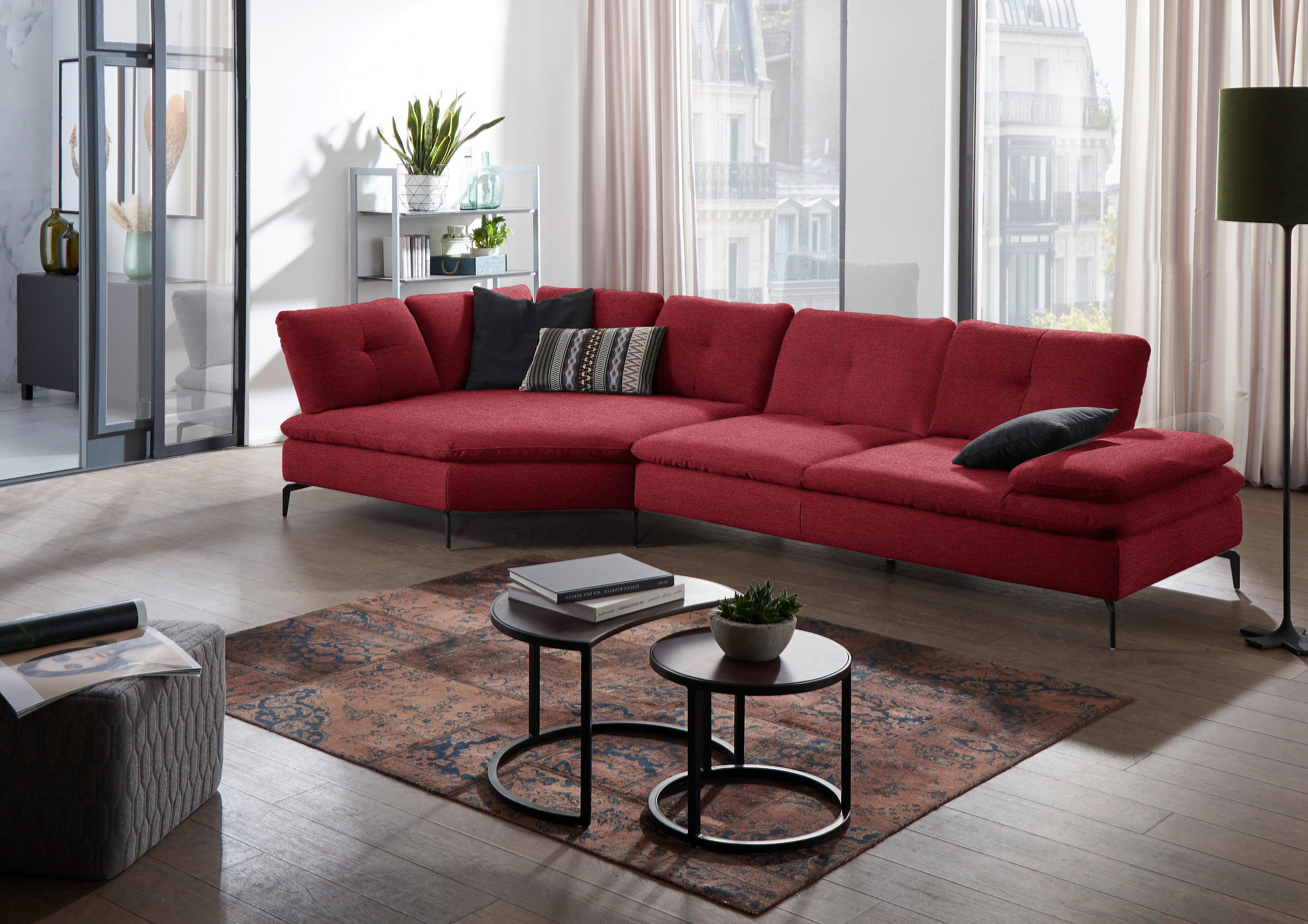 ECKSOFA in Flachgewebe Bordeaux  - Bordeaux/Schwarz, Design, Textil/Metall (157/344cm) - Chilliano