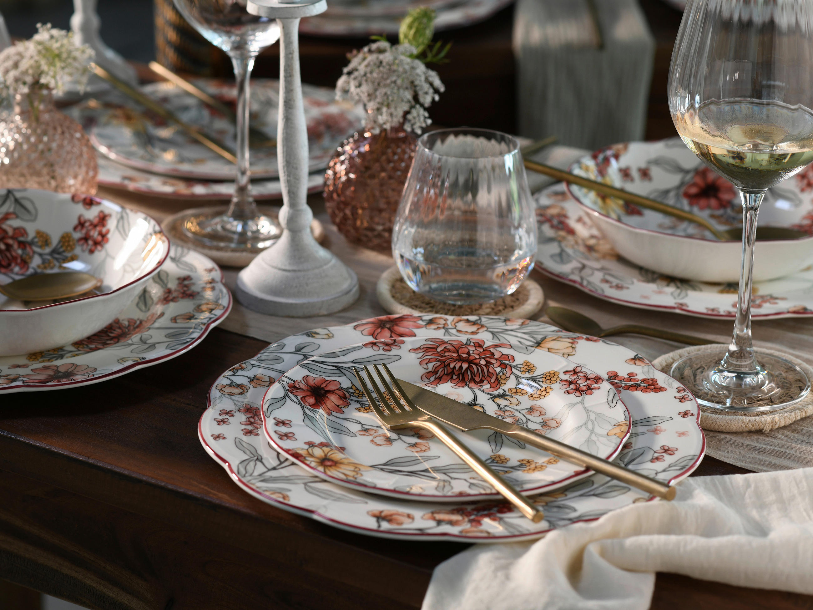 SERVIS Fiore 12 delar  - vit/bordeaux, Basics, keramik - Creatable