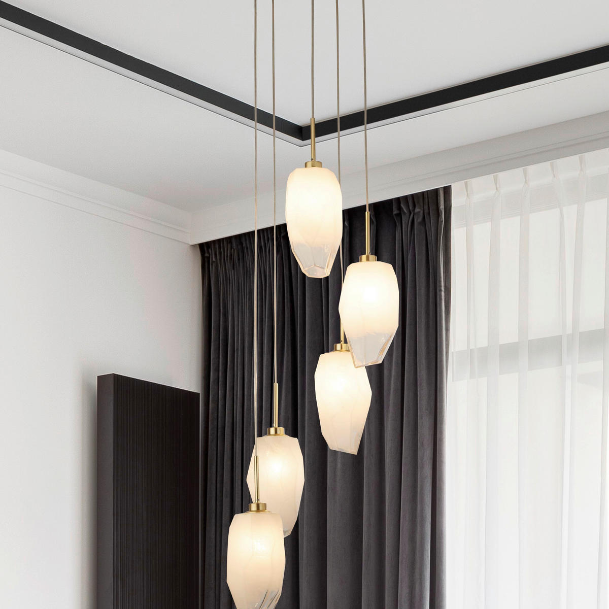 HÄNGELEUCHTE Rocky 32/32/120 cm  - Messingfarben/Weiß, Design, Glas/Metall (32/32/120cm)