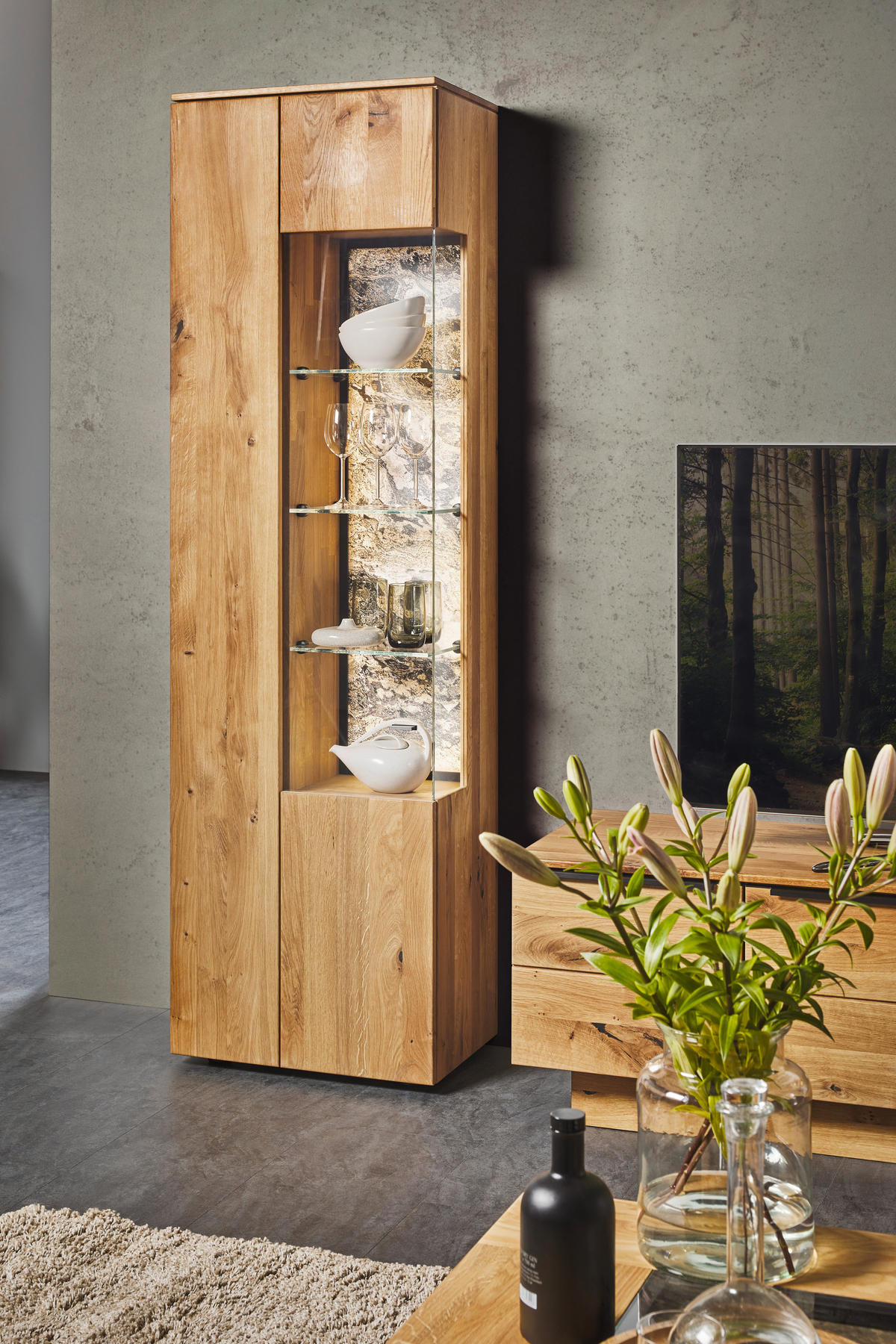 WOHNWAND  in Eichefarben 320/205,7/53,7 cm  - Eichefarben/Schwarz, Natur, Glas/Holz (320/205,7/53,7cm) - Valnatura