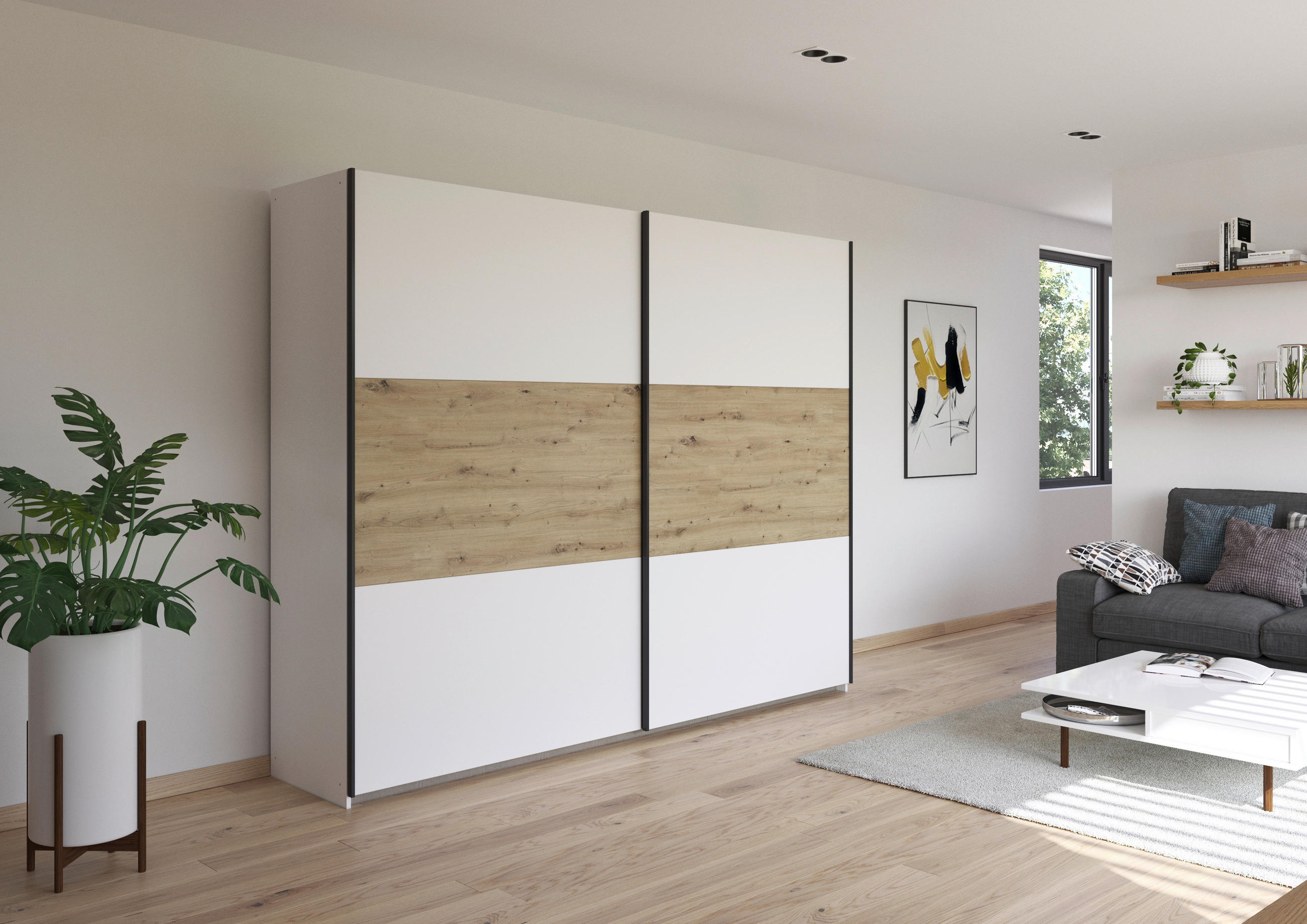 SCHWEBETÜRENSCHRANK in Weiss, Eiche Artisan  - Weiss/Eiche Artisan, Modern, Holzwerkstoff/Metall (261/210/59cm) - Rauch Möbel