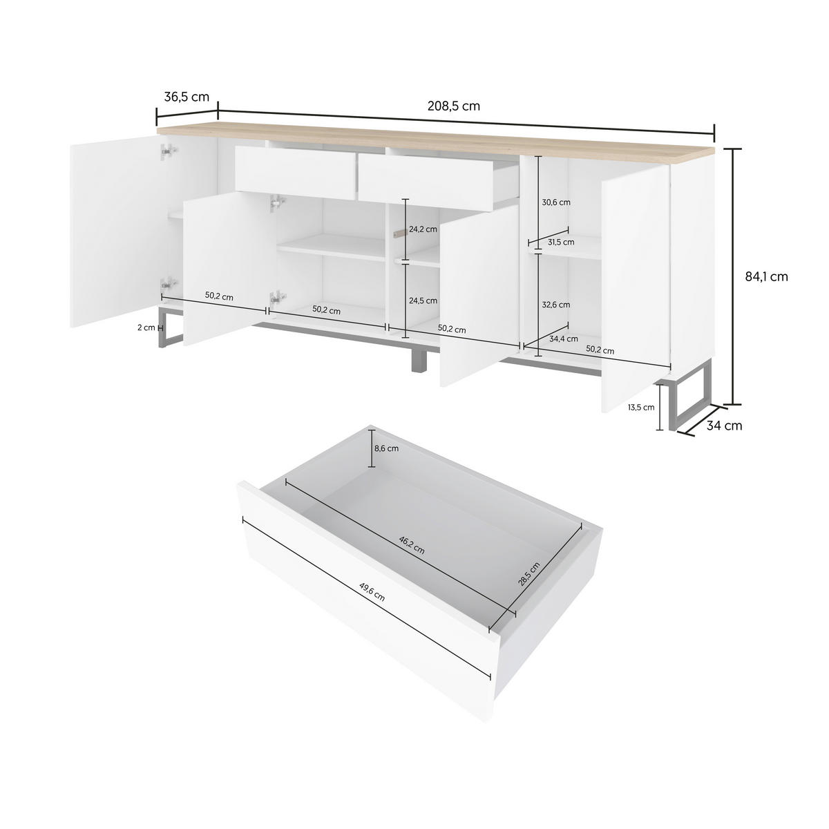 SIDEBOARD Alto 208,5/84,1/36,5 cm 2 Schublade(n)  - Weiss/Eichefarben, Design, Holzwerkstoff/Metall (208,5/84,1/36,5cm) - MID.YOU