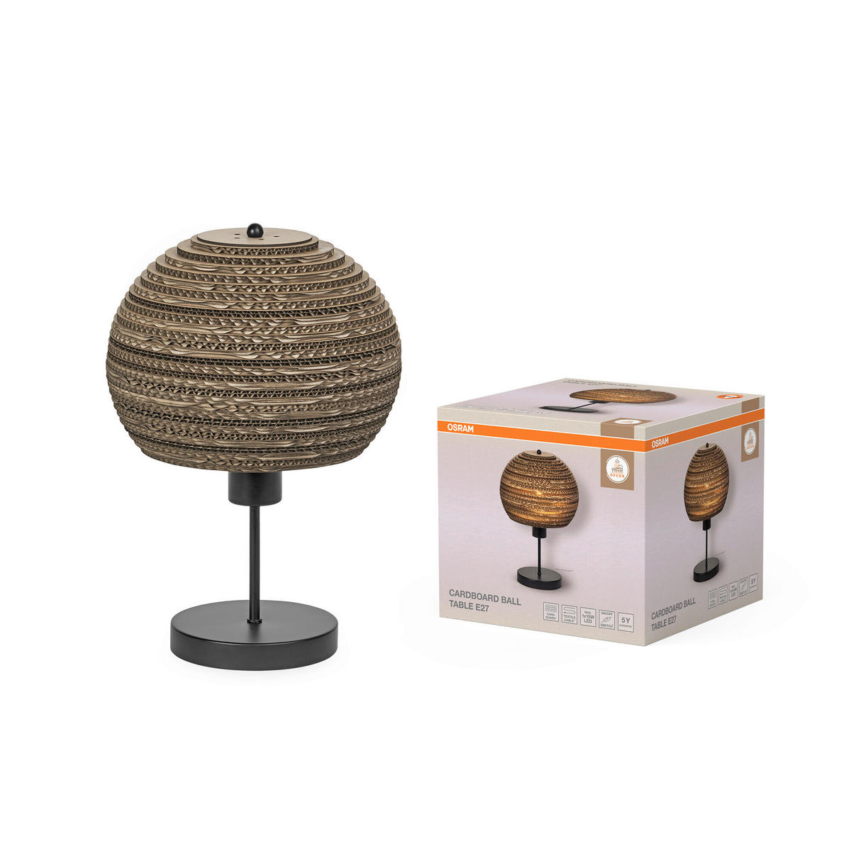 TISCHLEUCHTE 26/38.5 cm   - Schwarz/Braun, Natur, Karton/Metall (26/38.5cm) - Osram