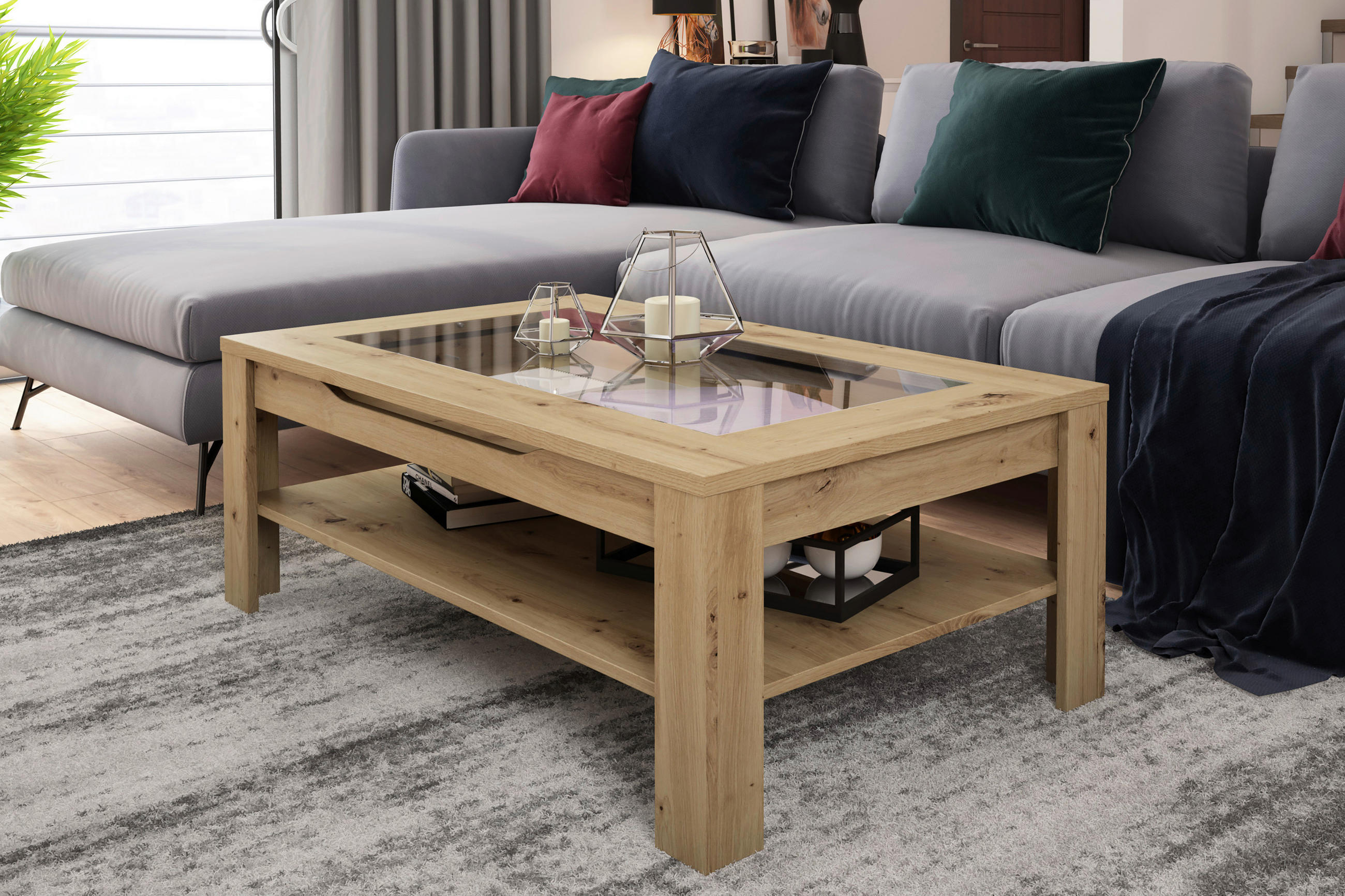 COUCHTISCH Klarglas 110/43/67 cm rechteckig Eiche Artisan  - Eiche Artisan, Basics, Glas/Holzwerkstoff (110/43/67cm) - MID.YOU