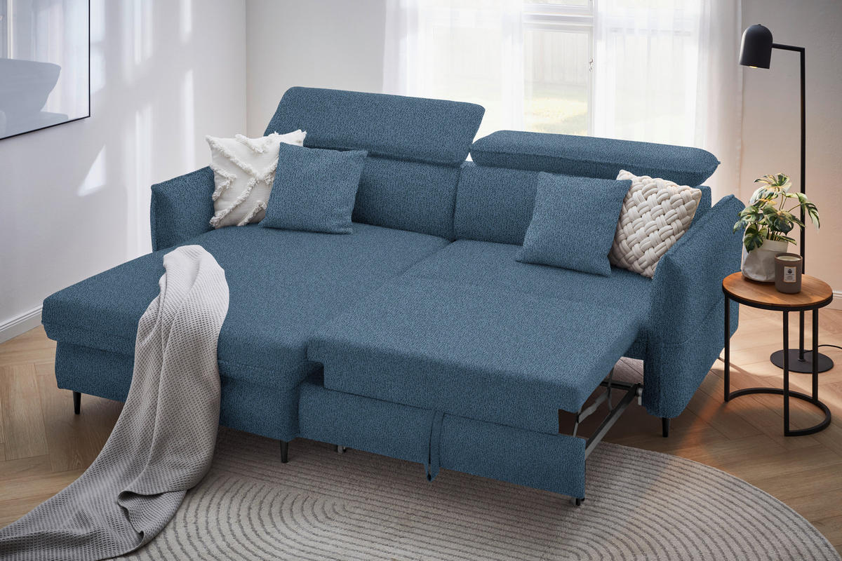 ECKSOFA inkl. Funktionen Dunkelblau Flachgewebe  - Schwarz/Dunkelblau, Design, Holz/Textil (185/232cm) - Stylife