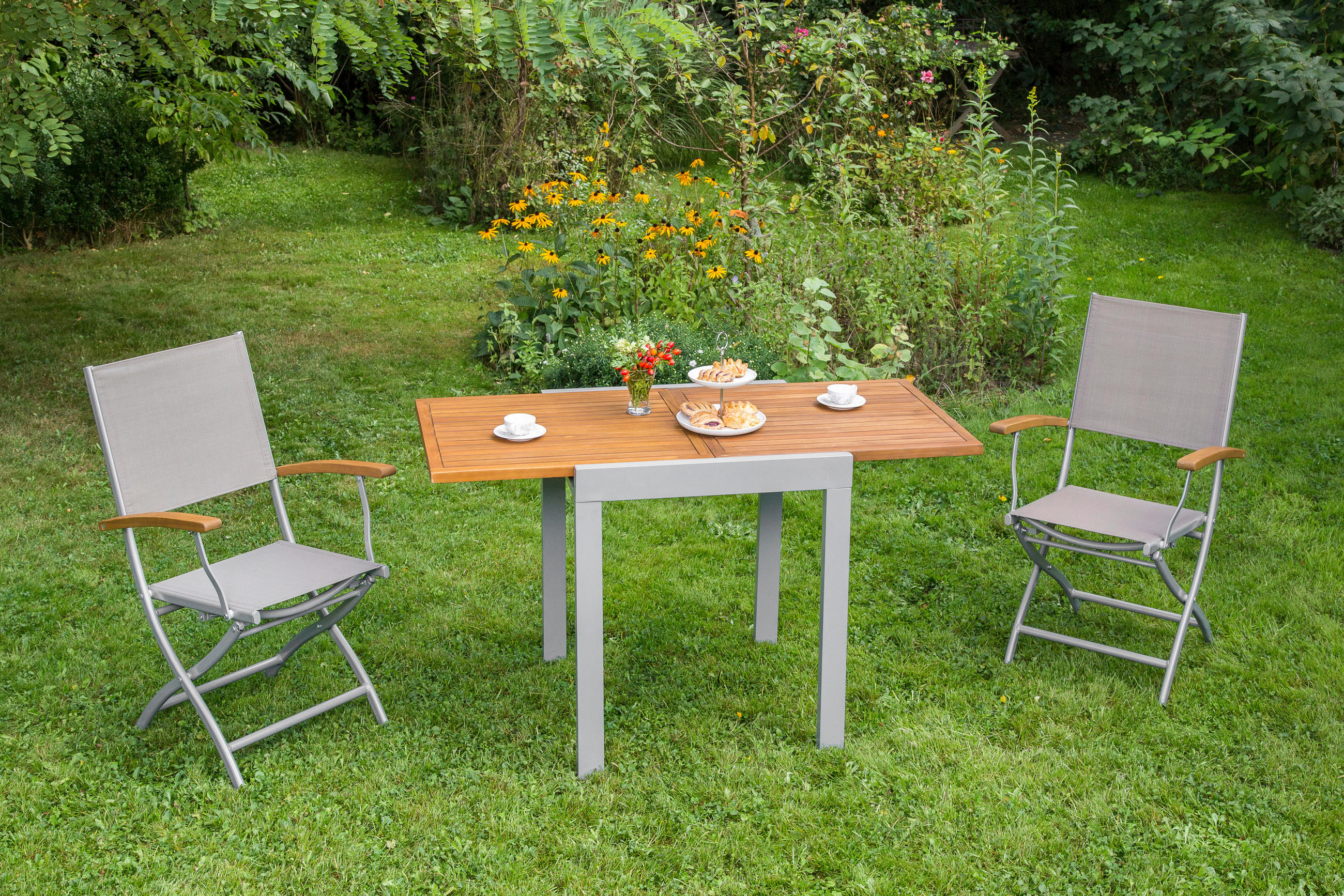 GARTENKLAPPSESSEL-SET Akazie Aluminium Grau, Silberfarben, Akaziefarben  - Silberfarben/Grau, KONVENTIONELL, Holz/Textil (57/92/60cm) - Gardenson