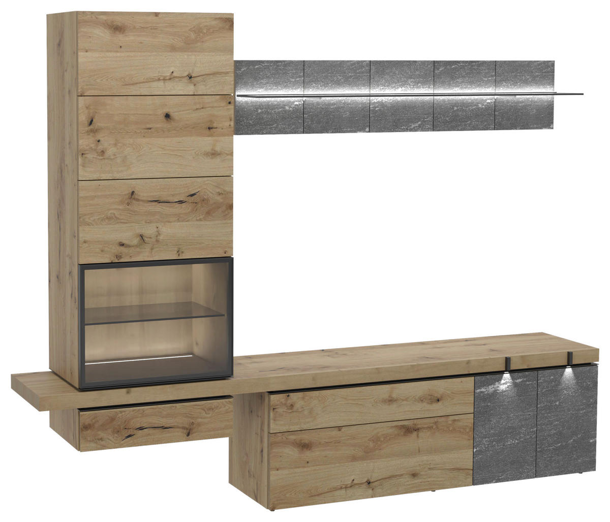 WOHNWAND  in Graphitfarben, Eichefarben  256/203/43 cm  - Eichefarben/Graphitfarben, Design, Glas/Holz (256/203/43cm) - Voglauer