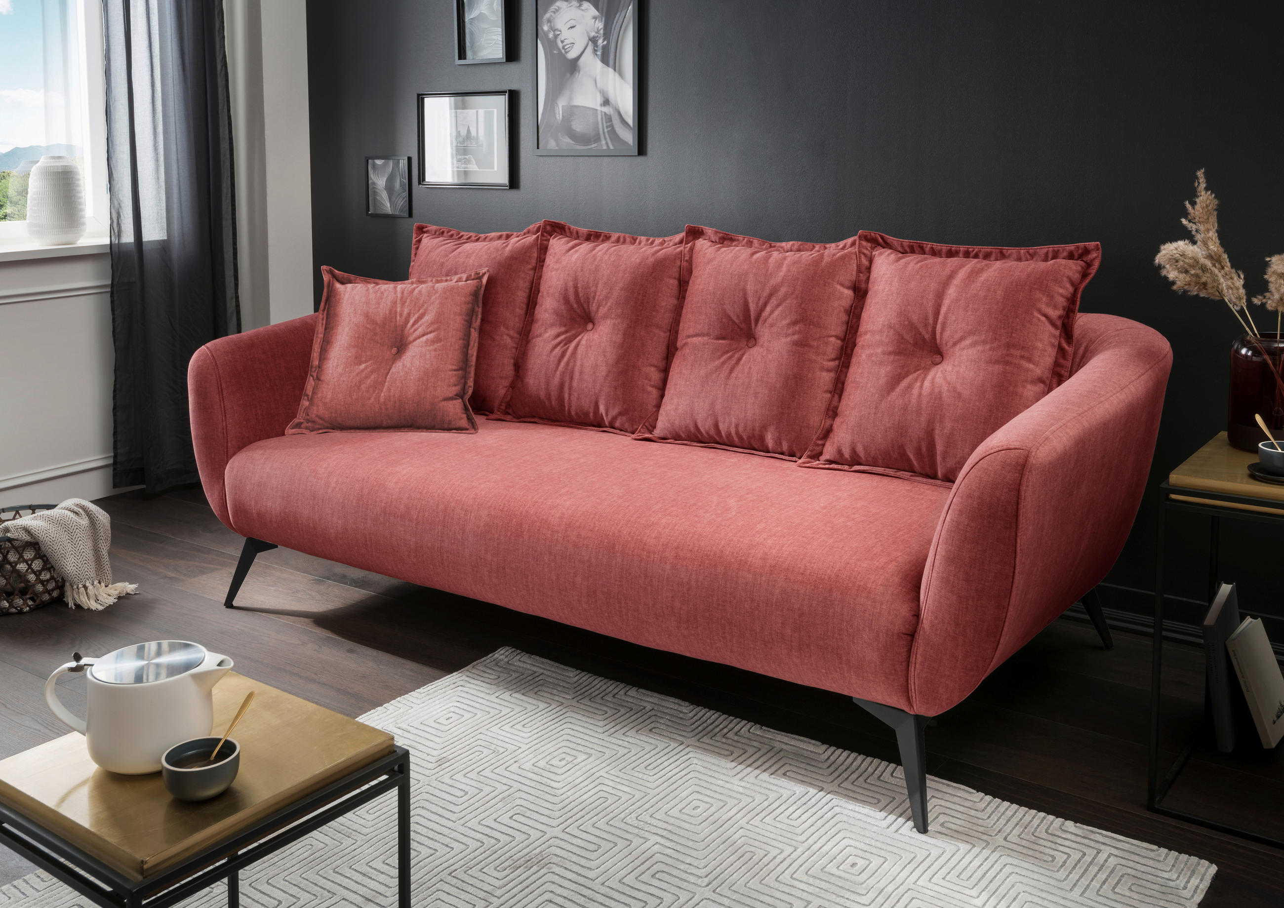 3-SITZER-SOFA in Velours Koralle - Koralle/Schwarz, MODERN, Holz/Textil (236/94/103cm) - Livetastic