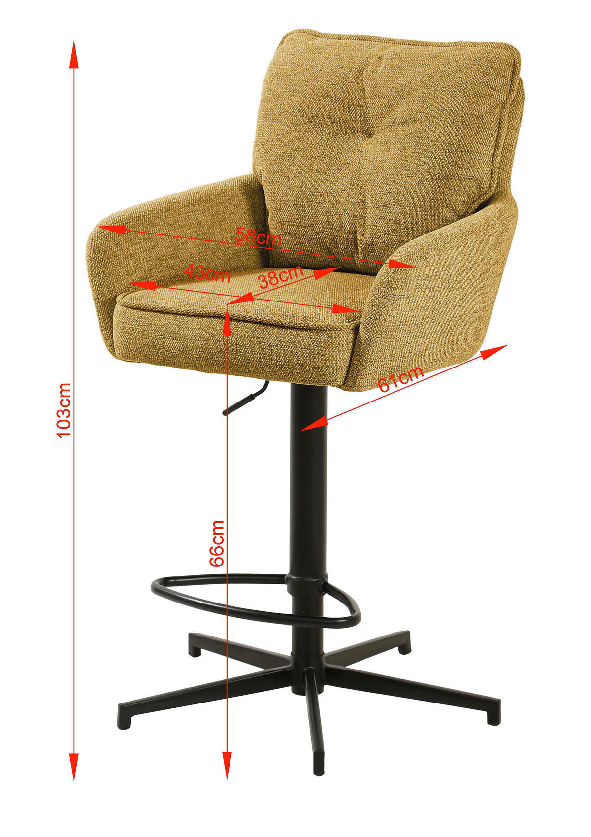 BARHOCKER Leinenoptik Gelb, Schwarz Eisen Stoffauswahl, Sitzfläche 360° drehbar  - Taupe/Gelb, Design, Textil/Metall (58/103-123/61cm) - Novel