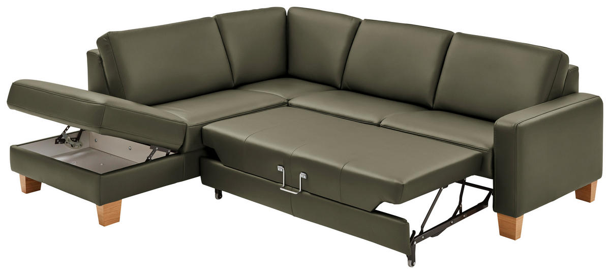 ECKSOFA in Echtleder Grau, Grün  235/257 cm  - Eiche Bianco/Grau, Natur, Leder/Holz (235/257cm) - Valdera