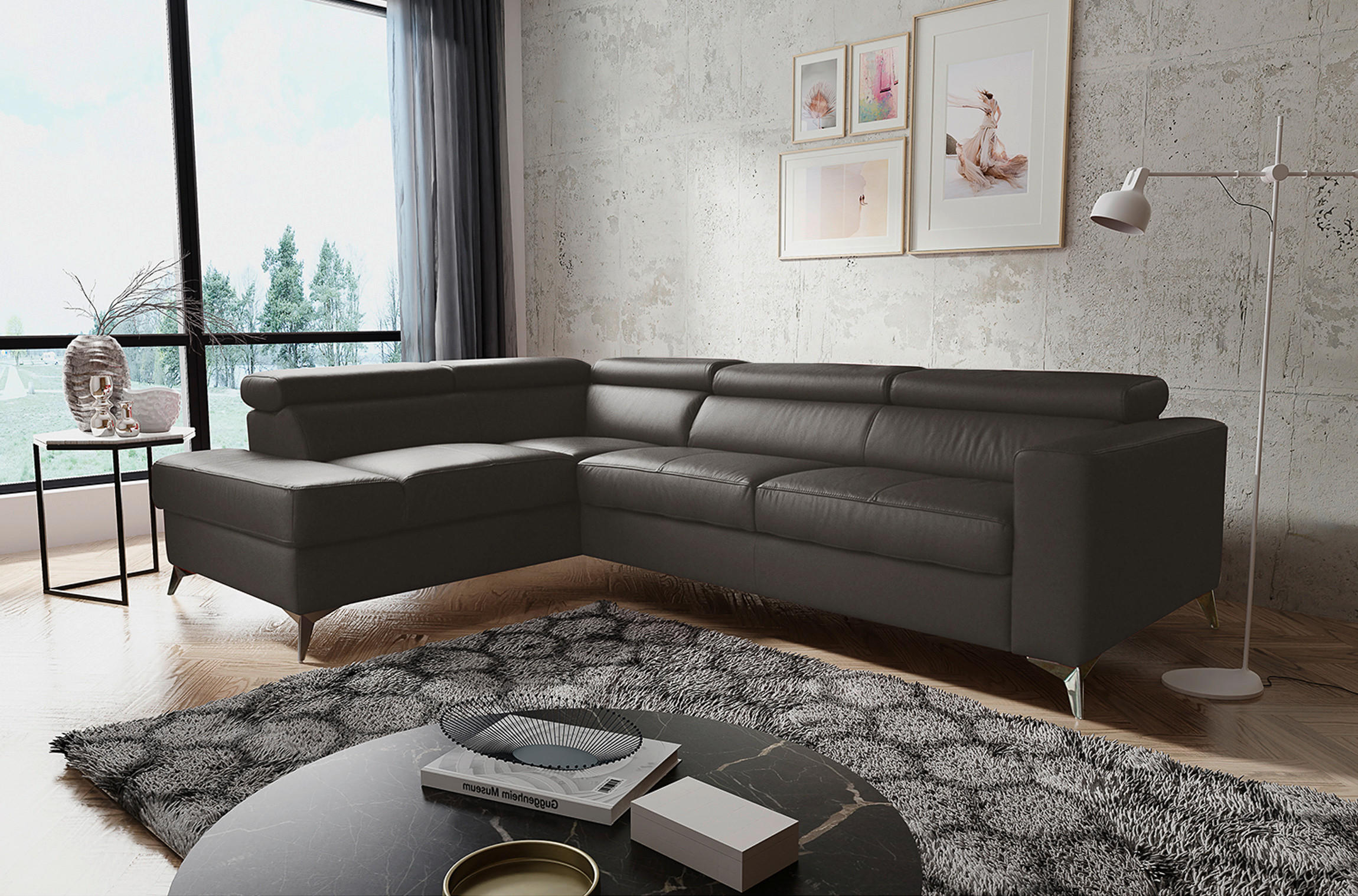 ECKSOFA MONDO Dunkelbraun Echtleder Lederlook  - Chromfarben/Dunkelbraun, Design, Leder/Textil (208/286cm) - Livetastic