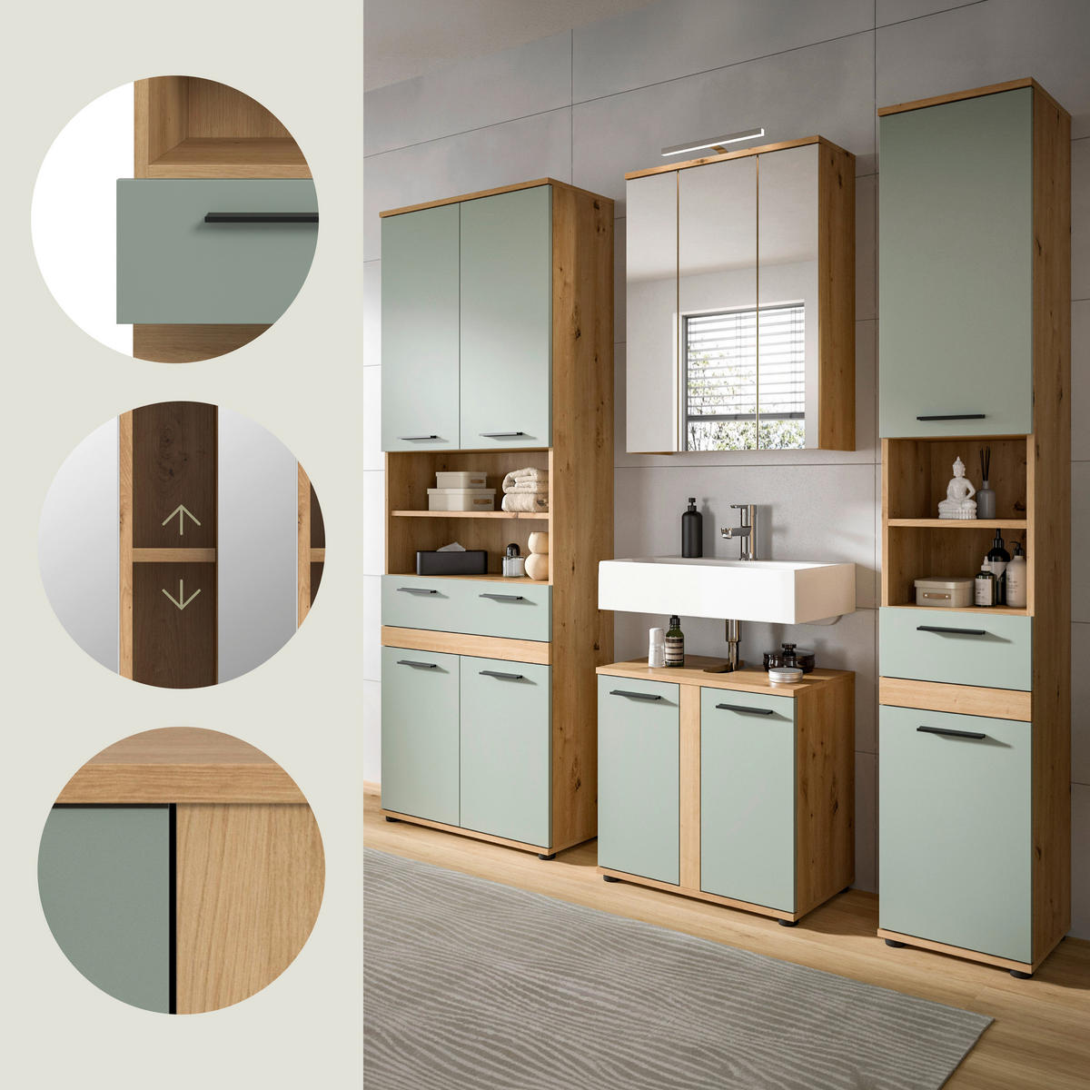 BADEZIMMER 5-teilig  in 195 cm  - Salbeigrün/Schwarz, Trend, Glas/Holzwerkstoff (195cm) - MID.YOU