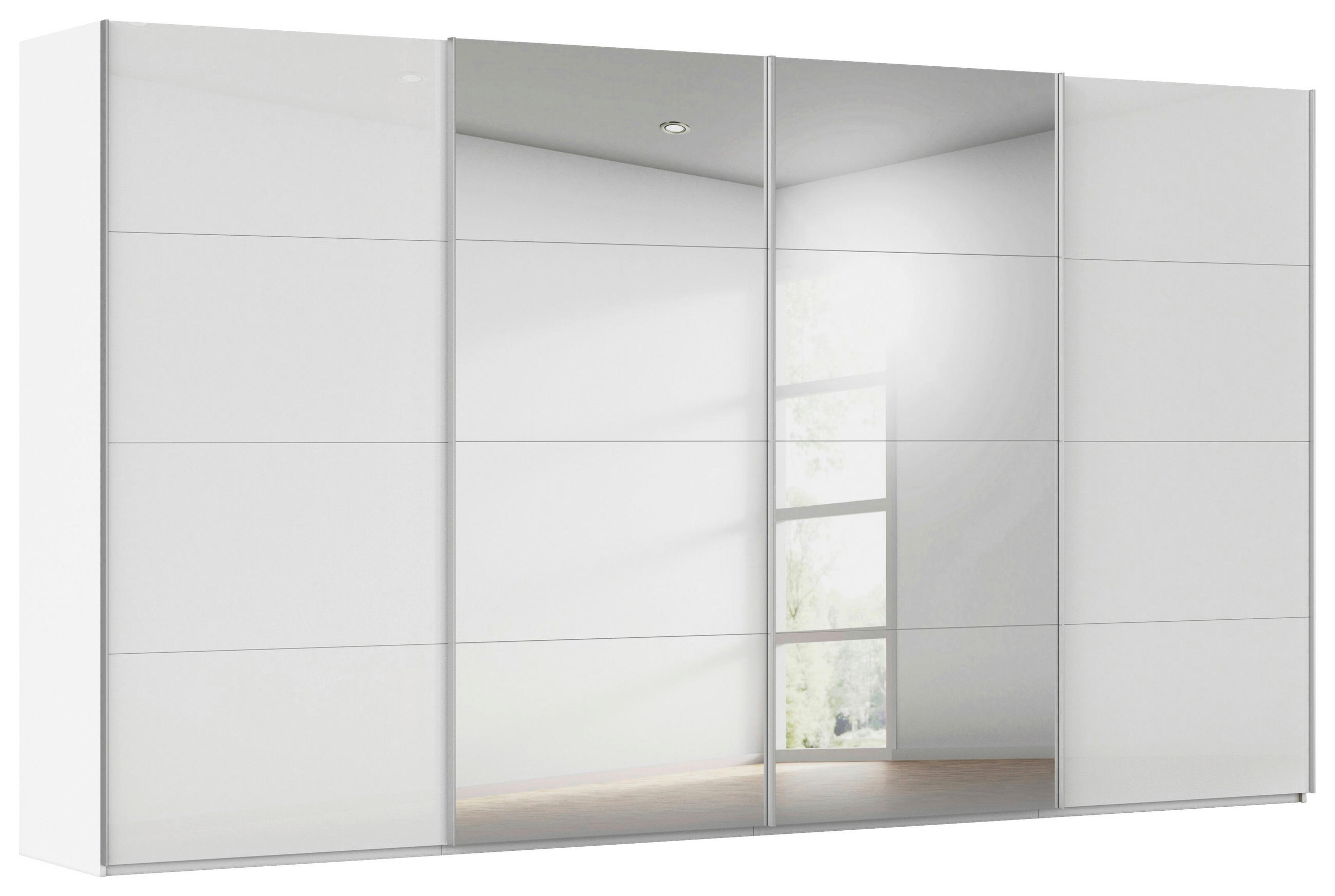 SCHWEBETÜRENSCHRANK 400/223/68 cm 4-türig Weiß, Weiß Hochglanz  - Weiß Hochglanz/Alufarben, Basics, Glas/Holzwerkstoff (400/223/68cm) - Novel