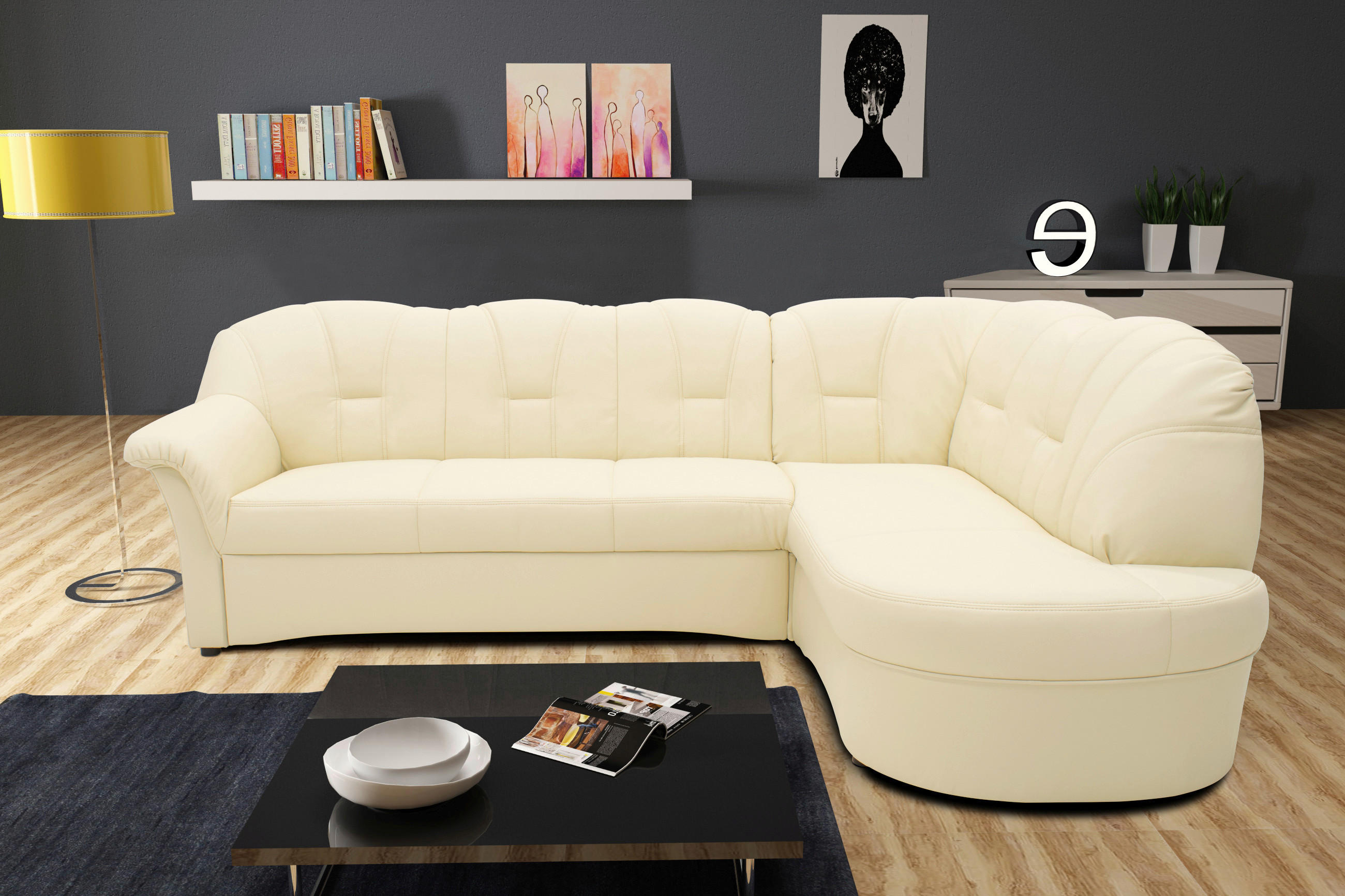 ECKSOFA Beige Lederlook  - Beige/Schwarz, KONVENTIONELL, Kunststoff/Textil (243/180cm) - MID.YOU