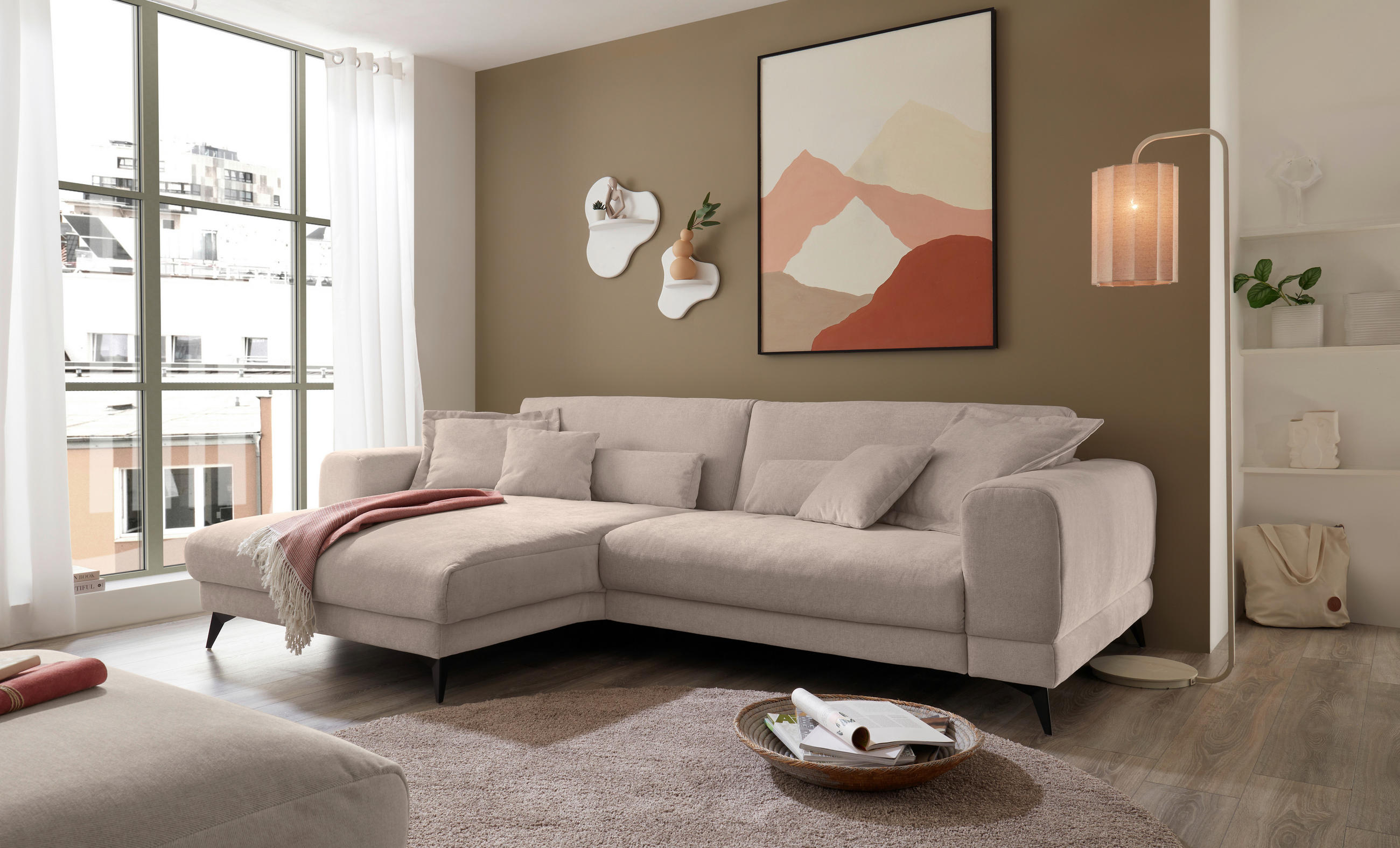 ECKSOFA Beige Chenille  - Beige/Schwarz, KONVENTIONELL, Textil/Metall (194/292cm) - SetOne by Musterring