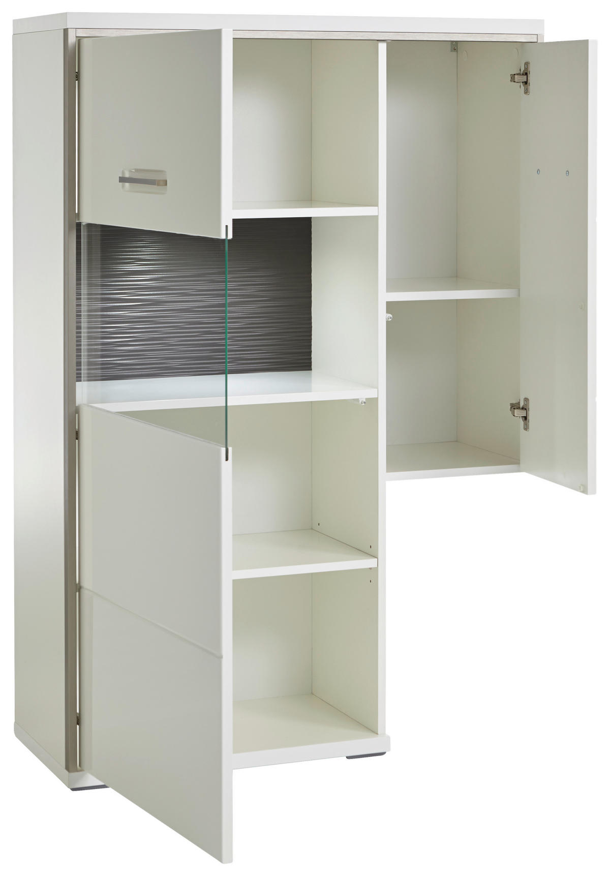 HIGHBOARD ohne Beleuchtung, Accra  in 94/137/38 cm  - Weiß Hochglanz/Silberfarben, Design, Glas/Holzwerkstoff (94/137/38cm) - Livetastic
