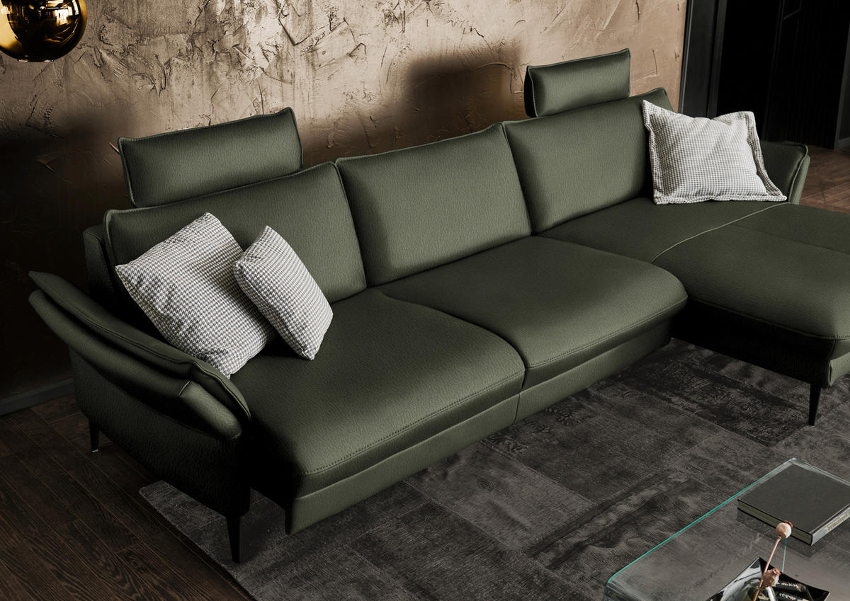 ECKSOFA in Echtleder Dunkelgrün  - Dunkelgrün/Schwarz, Design, Leder/Metall (334/172cm) - Hukla