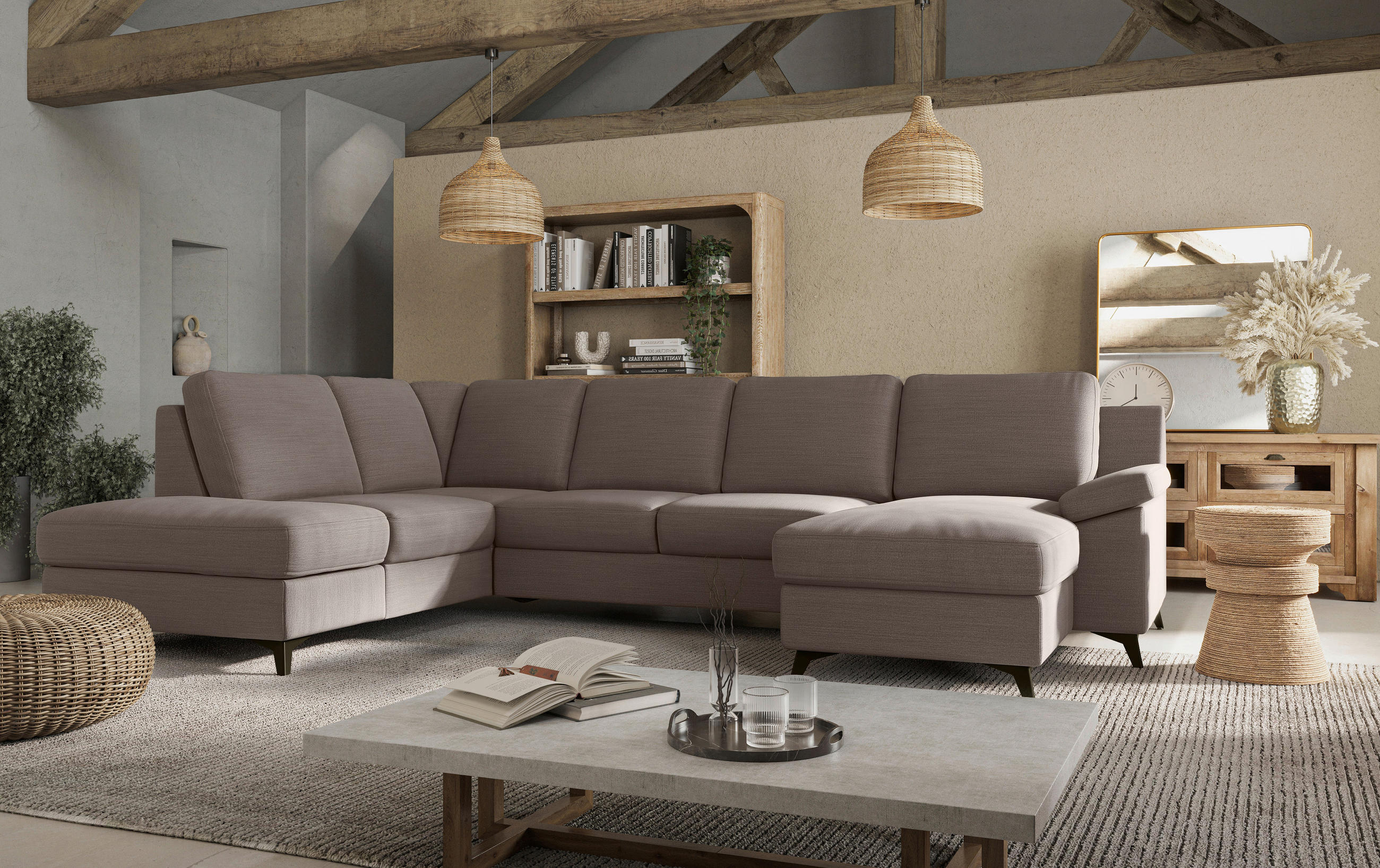 WOHNLANDSCHAFT in Flachgewebe Taupe  - Taupe/Schwarz, Konventionell, Textil/Metall (204/309/156cm) - Cotta