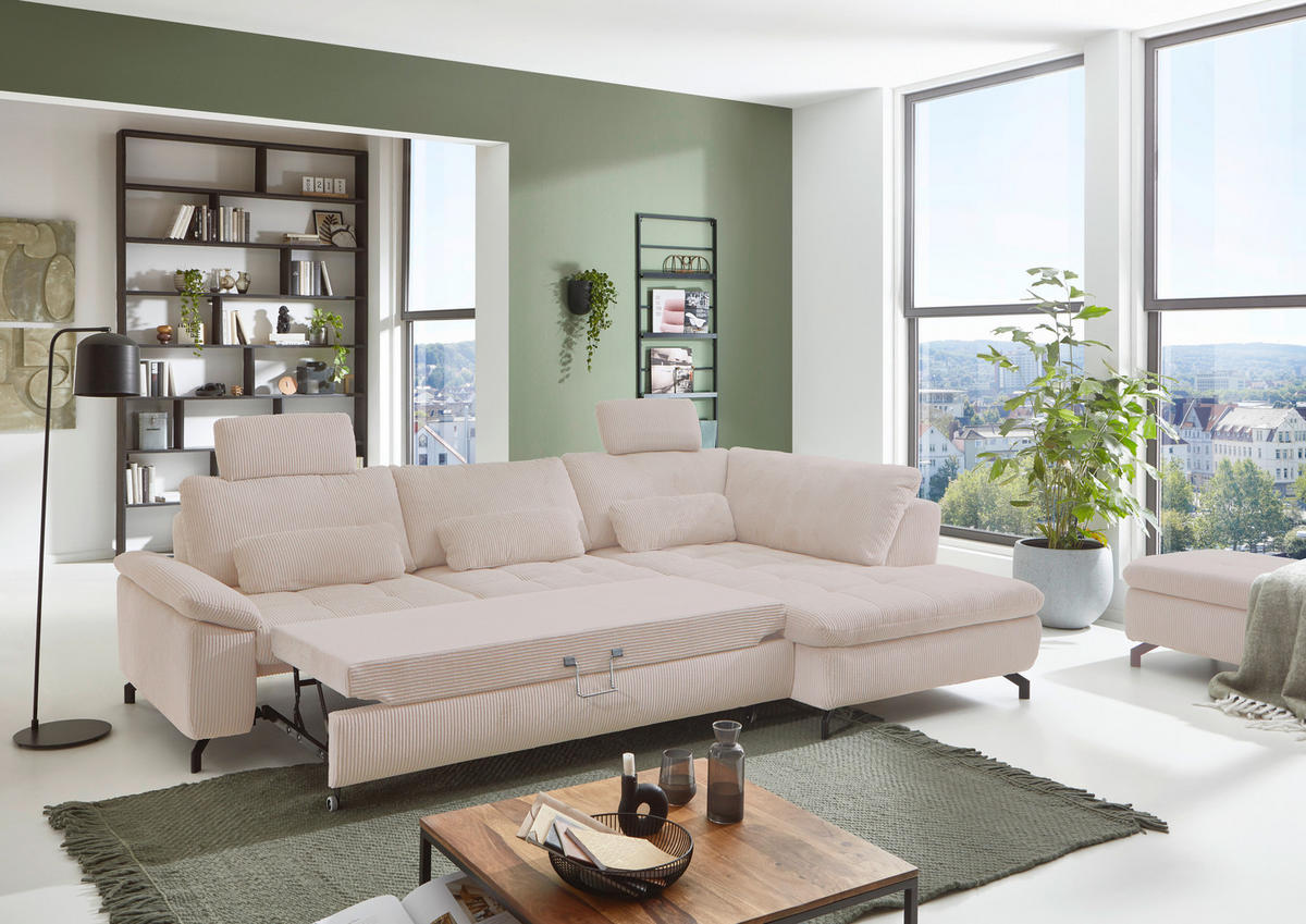 ECKSOFA in Cord, Velours Hellbraun  - Hellbraun/Schwarz, Design, Textil/Metall (291/197cm) - Beldomo Style