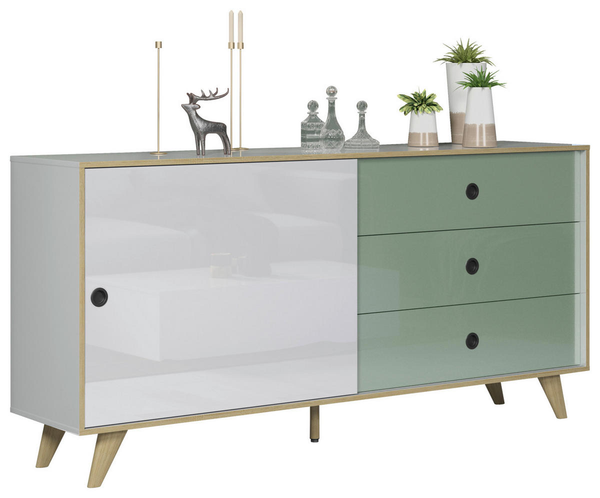SIDEBOARD Grün, Eichefarben, Weiß Hochglanz  180/86/40 cm  - Eichefarben/Weiß Hochglanz, MODERN, Holzwerkstoff/Kunststoff (180/86/40cm) - Boxxx