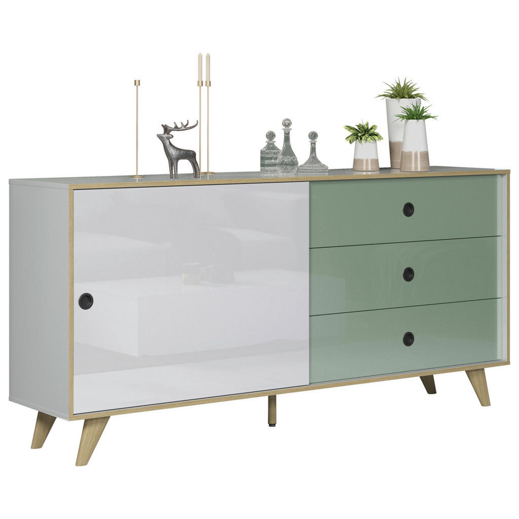 Thumbnail - Boxxx Sideboard, Grün, Eiche, Weiß Hochglanz, Kunststoff, 1 Fächer, 3 Schubladen, 180x86x40 cm, FSC Mix, Beimöbel erhält...