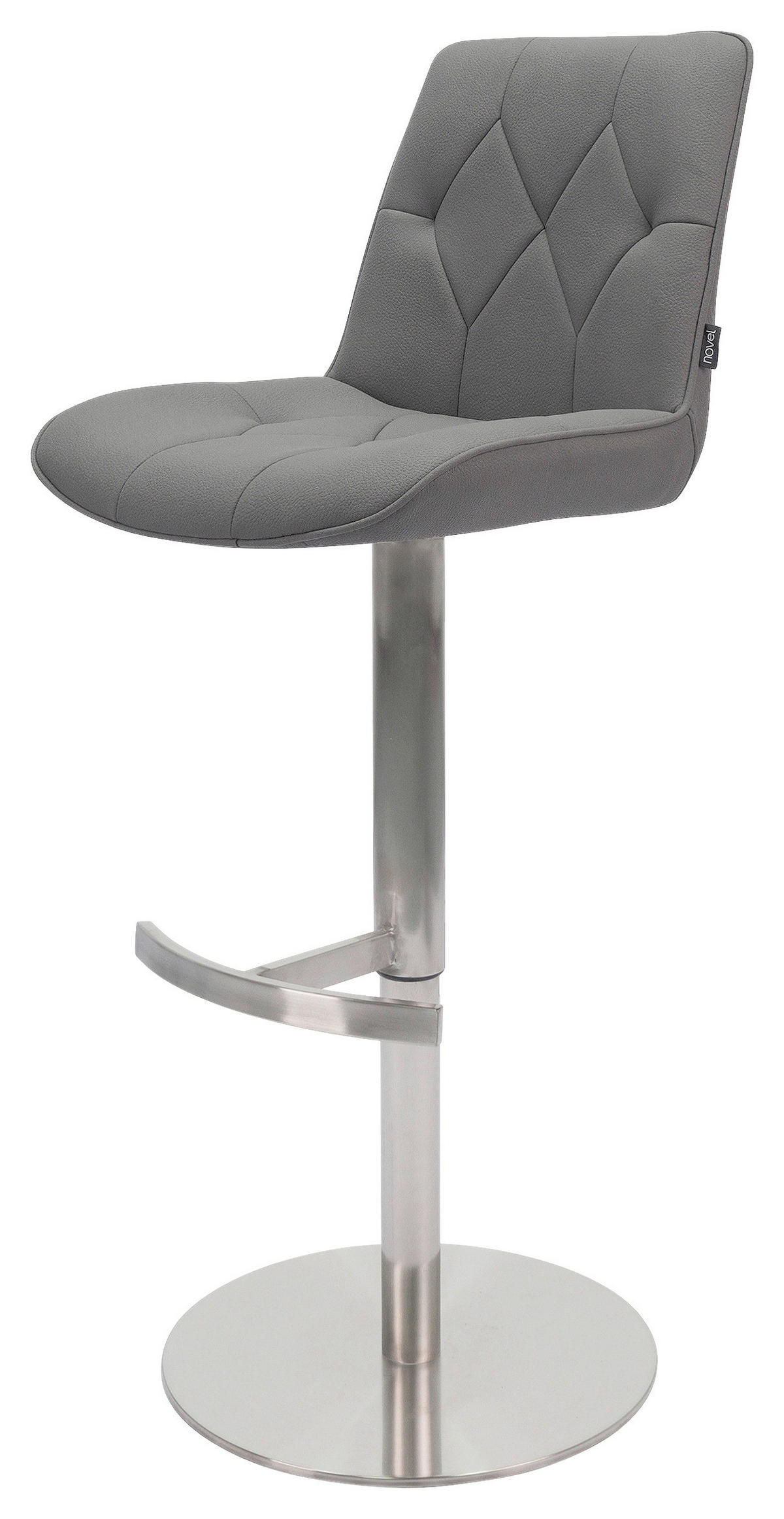 BARHOCKER Mikrofaser Grau, Edelstahlfarben Edelstahl Stoffauswahl, Sitzfläche 360° drehbar, mit Griff, automatische Rückholfunktion  - Edelstahlfarben/Grau, Design, Textil/Metall (44/86-110,5/54,5cm) - Novel