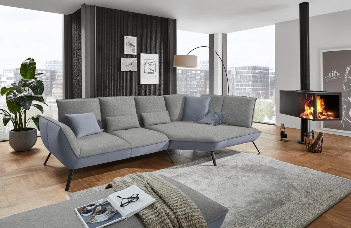 ECKSOFA in Flachgewebe Hellgrau  - Hellgrau/Schwarz, Design, Textil/Metall (320/169cm) - Moderano
