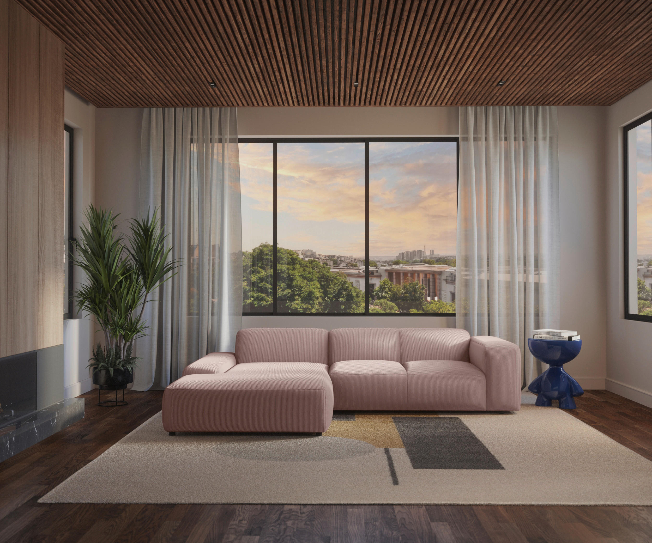 ECKSOFA HANNAH Rosa Cord  - Schwarz/Rosa, Design, Kunststoff/Textil (200/304cm) - MID.YOU