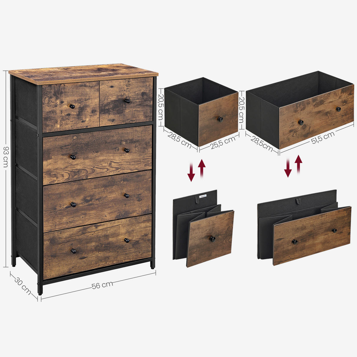 KOMMODE , 56/93/30 cm, 5 Schublade(n)  - Dunkelbraun/Schwarz, Basics, Papier/Holzwerkstoff (56/93/30cm)