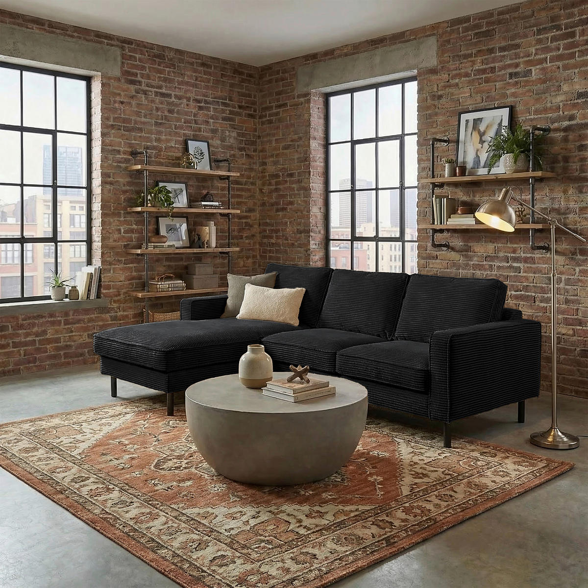 ECKSOFA  in Cord Schwarz  - Schwarz, Design, Textil/Metall (166/238cm) - Livetastic