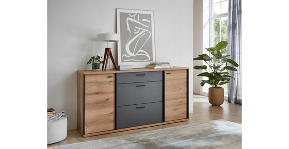 SIDEBOARD Schwarz, Eichefarben, Dunkelgrau  180/91,2/44 cm  - Eichefarben/Dunkelgrau, KONVENTIONELL, Holzwerkstoff/Kunststoff (180/91,2/44cm) - Xora