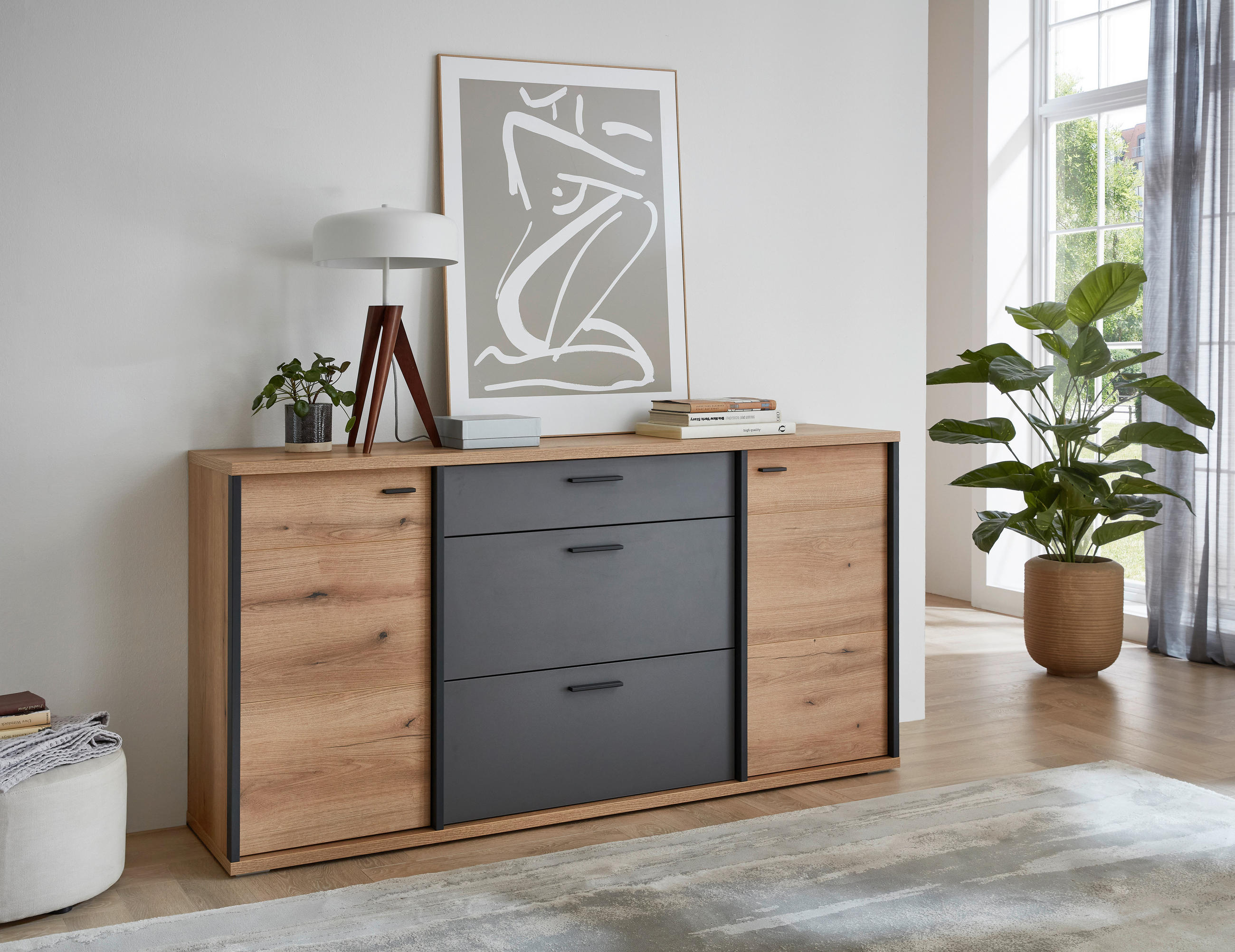 SIDEBOARD Schwarz, Eichefarben, Dunkelgrau  180/91,2/44 cm  - Eichefarben/Dunkelgrau, Konventionell, Holzwerkstoff/Kunststoff (180/91,2/44cm) - Xora