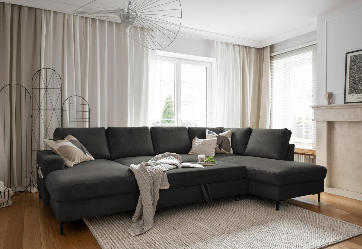 WOHNLANDSCHAFT Grau Cord  - Schwarz/Grau, Design, Textil/Metall (148/303/197cm) - MID.YOU