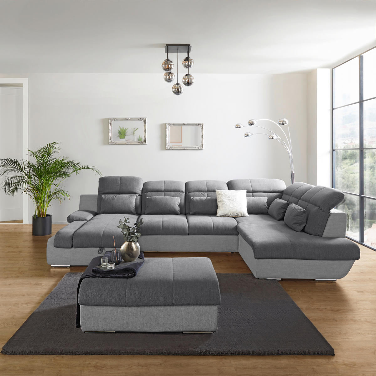 WOHNLANDSCHAFT in Mikrofaser Hellgrau, Dunkelgrau  - Chromfarben/Dunkelgrau, Modern, Textil/Metall (184/345/228cm) - MID.YOU