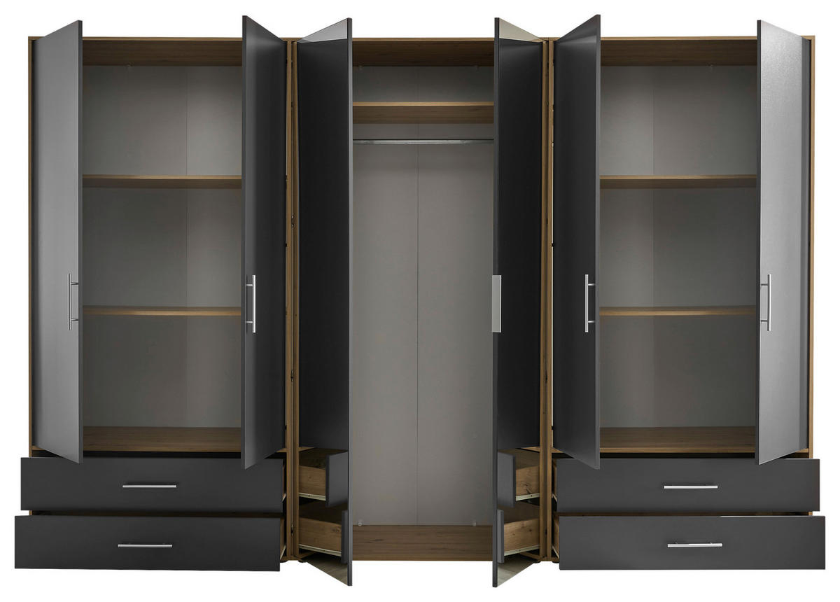 KLEIDERSCHRANK 305/207/58 cm,  in Graphitfarben, Eiche Artisan, 6-türig  - Alufarben/Graphitfarben, KONVENTIONELL, Glas/Holzwerkstoff (305/207/58cm) - Boxxx