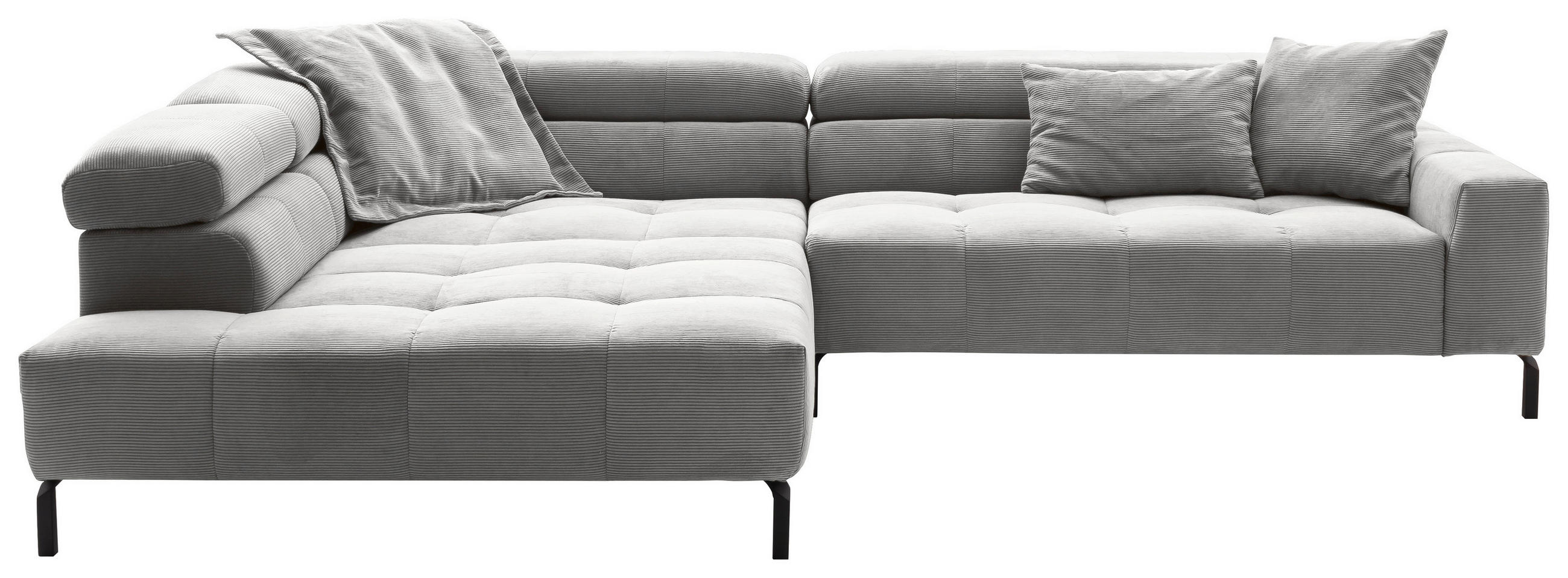 ECKSOFA Grau Cord Rücken echt, Kopfteilverstellung, Sitzvorzug  - Schwarz/Grau, KONVENTIONELL, Textil/Metall (219/311cm) - Hom`in