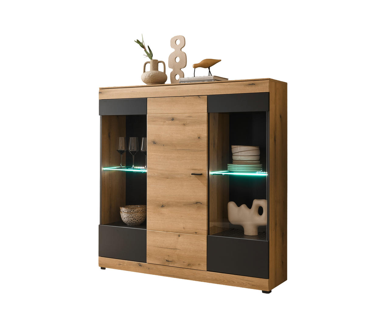 HIGHBOARD , 140/141/35 cm,  - Eichefarben/Schwarz, Design, Glas/Holzwerkstoff (140/141/35cm) - MID.YOU