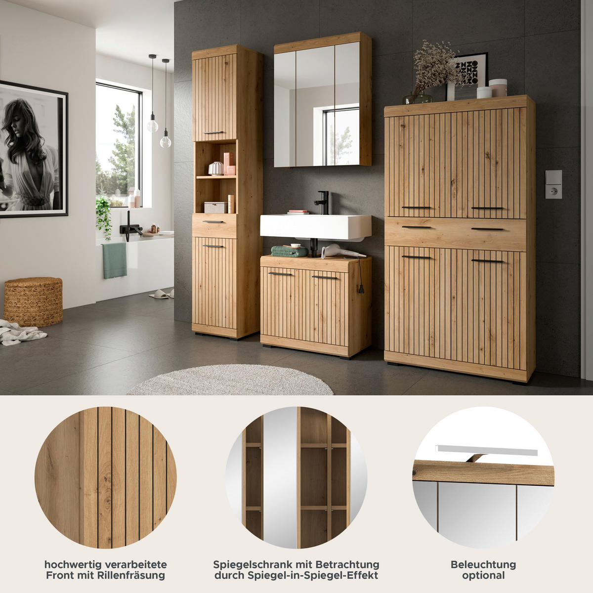 BADRUM 171 cm  - svart/ek Artisan, Trend, trämaterial/glas (171cm) - MID.YOU