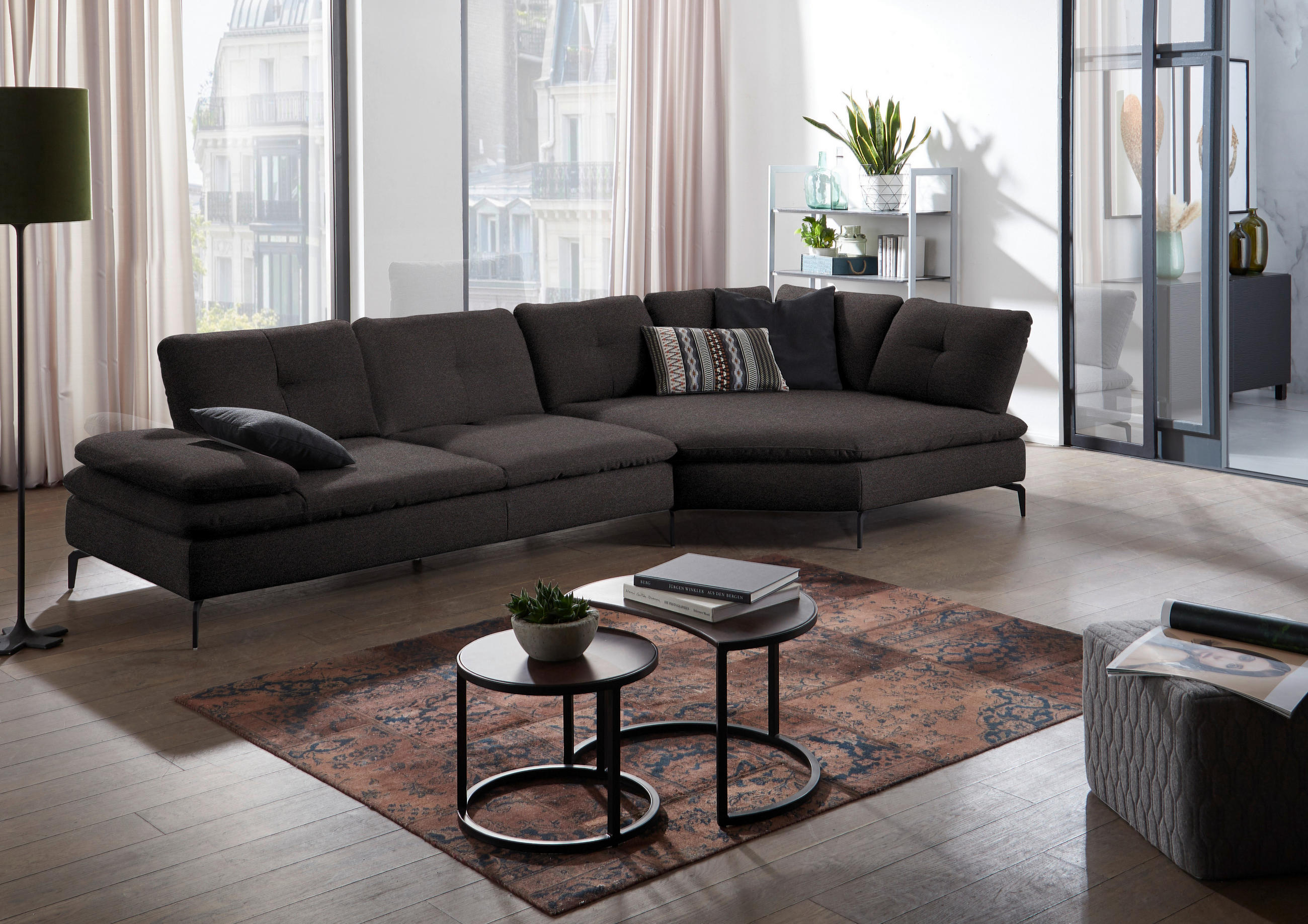 ECKSOFA in Flachgewebe Schwarz  - Schwarz, Design, Textil/Metall (344/157cm) - Chilliano