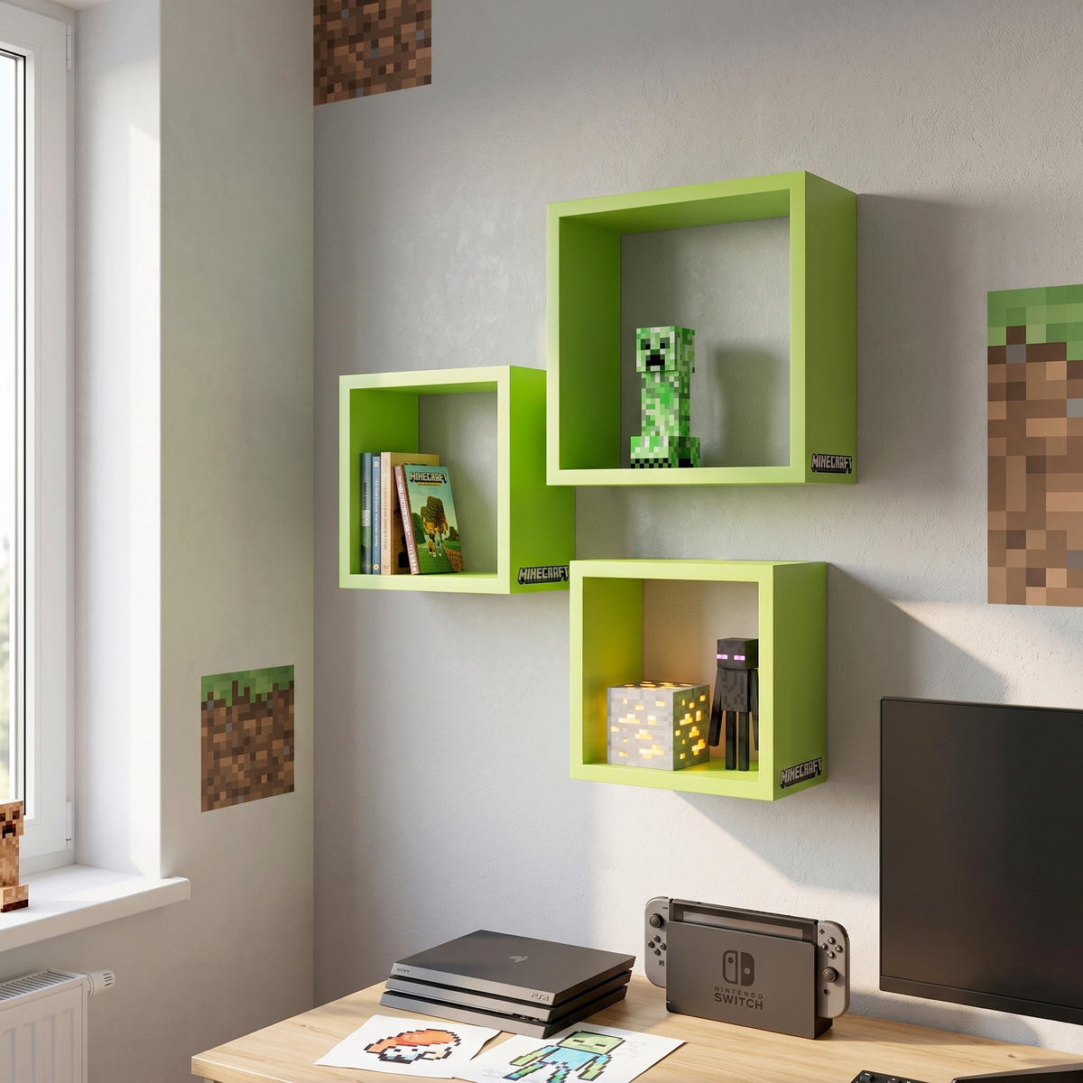 WANDREGAL  - Grün, MODERN, Holzwerkstoff (28/28/18cm) - Minecraft
