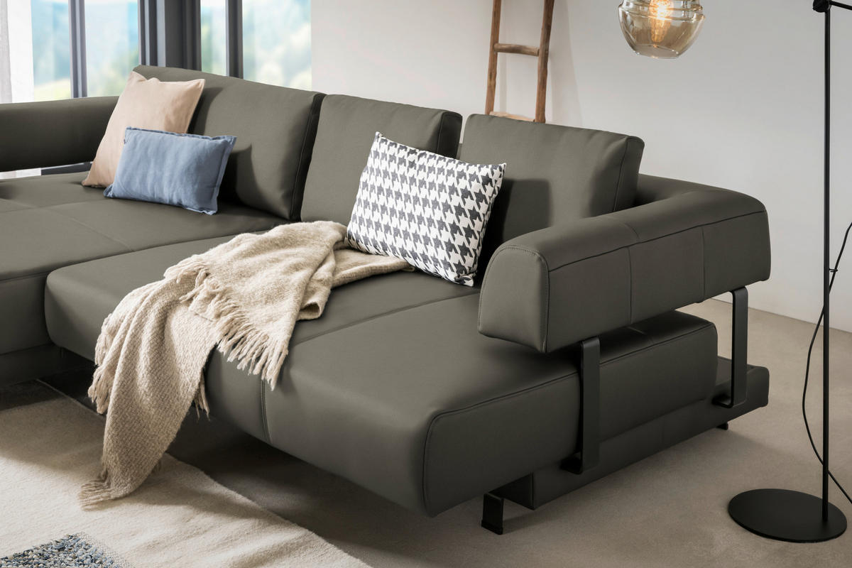 ECKSOFA in Echtleder Grau  - Schwarz/Grau, Design, Leder/Metall (188/307cm)
