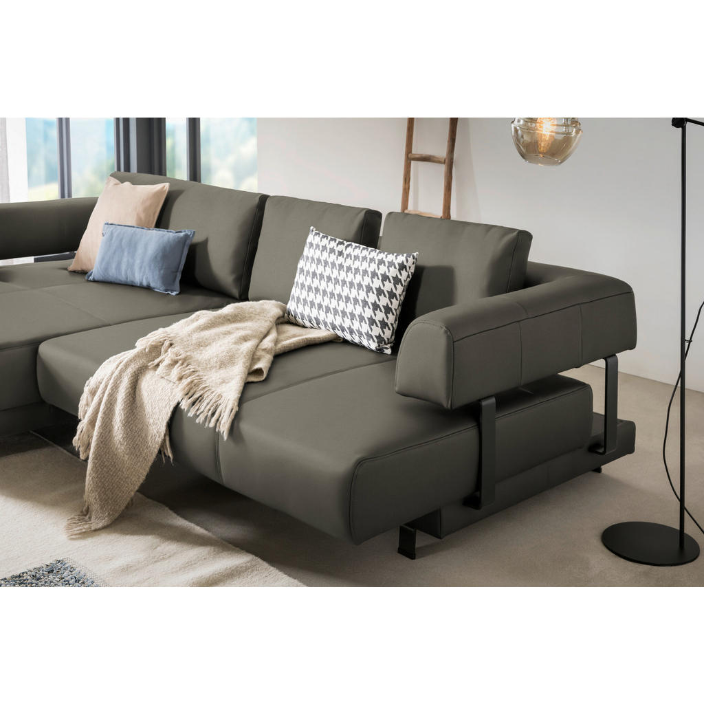 Thumbnail - Stylife Ecksofa, Grau, Leder, Echtleder, Dickleder, 3-Sitzer, Füllung: Polyurethan (Pur), Ottomane links, L-Form, 307x18...