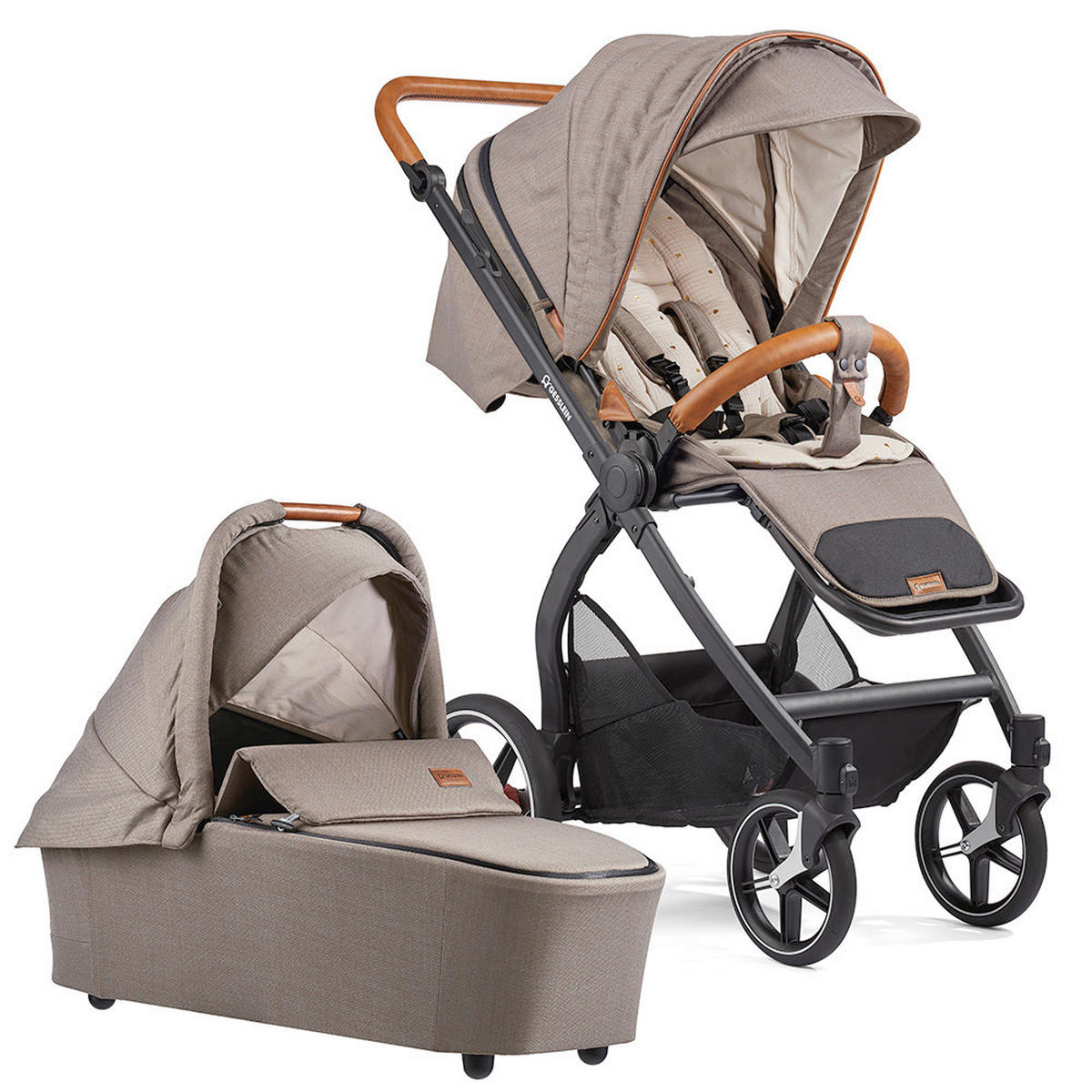 KOMBIKINDERWAGEN  FX4 Swing Set  Taupe-Cognac-Herzchen gold  - Taupe/Goldfarben, Basics, Textil (100/55/130cm) - Gesslein