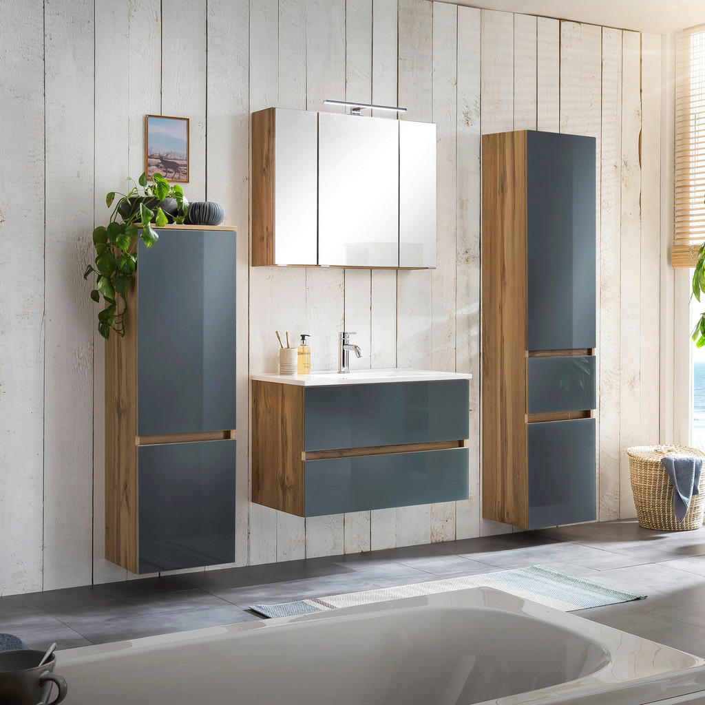 Badmöbel-Set 6-Tlg. inkl. LED Helsinki, Grau/Eiche Dekor