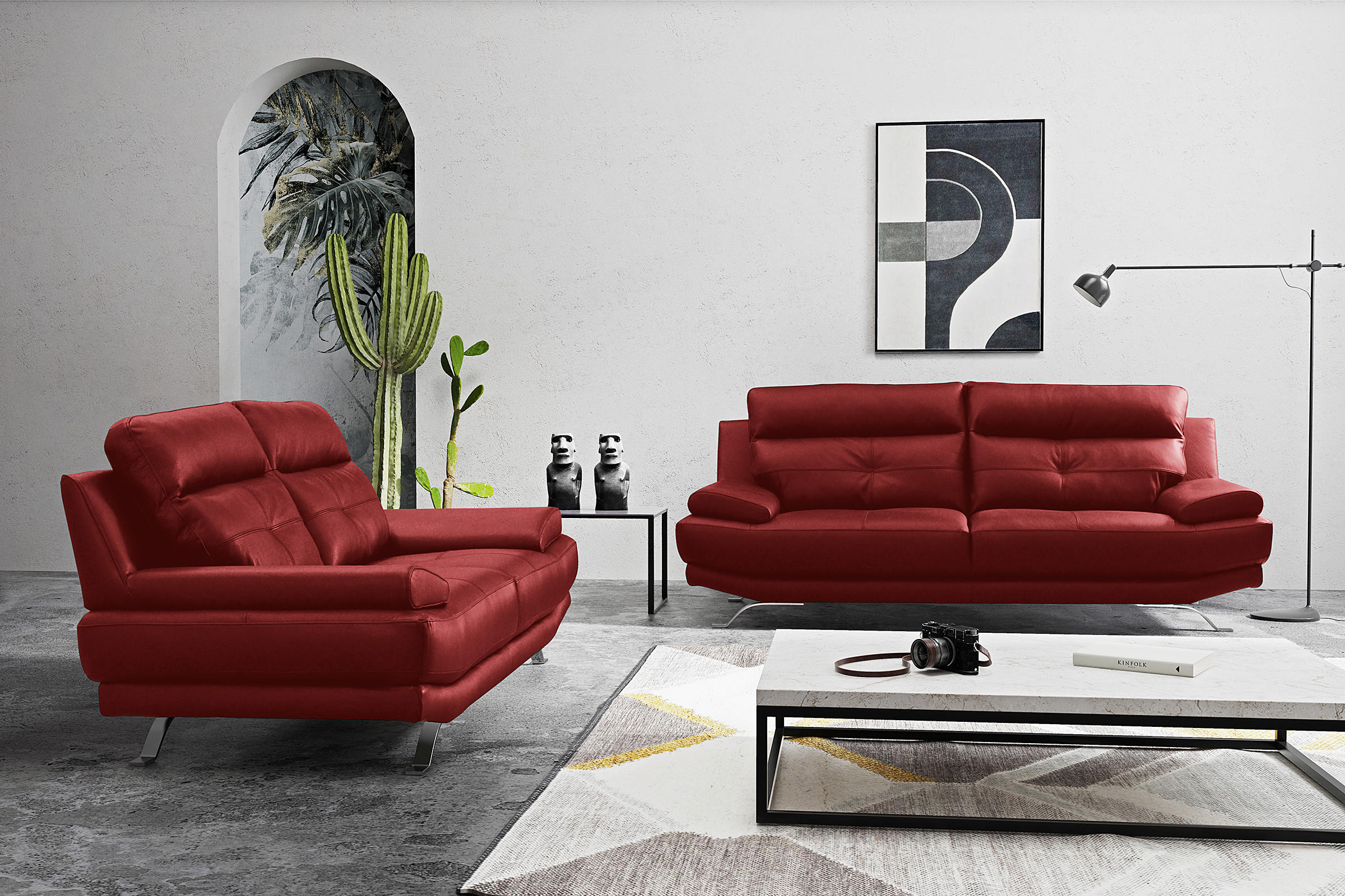 3-SITZER-SOFA Echtleder Rot  - Chromfarben/Rot, Design, Leder/Metall (225/92/99cm) - Livetastic