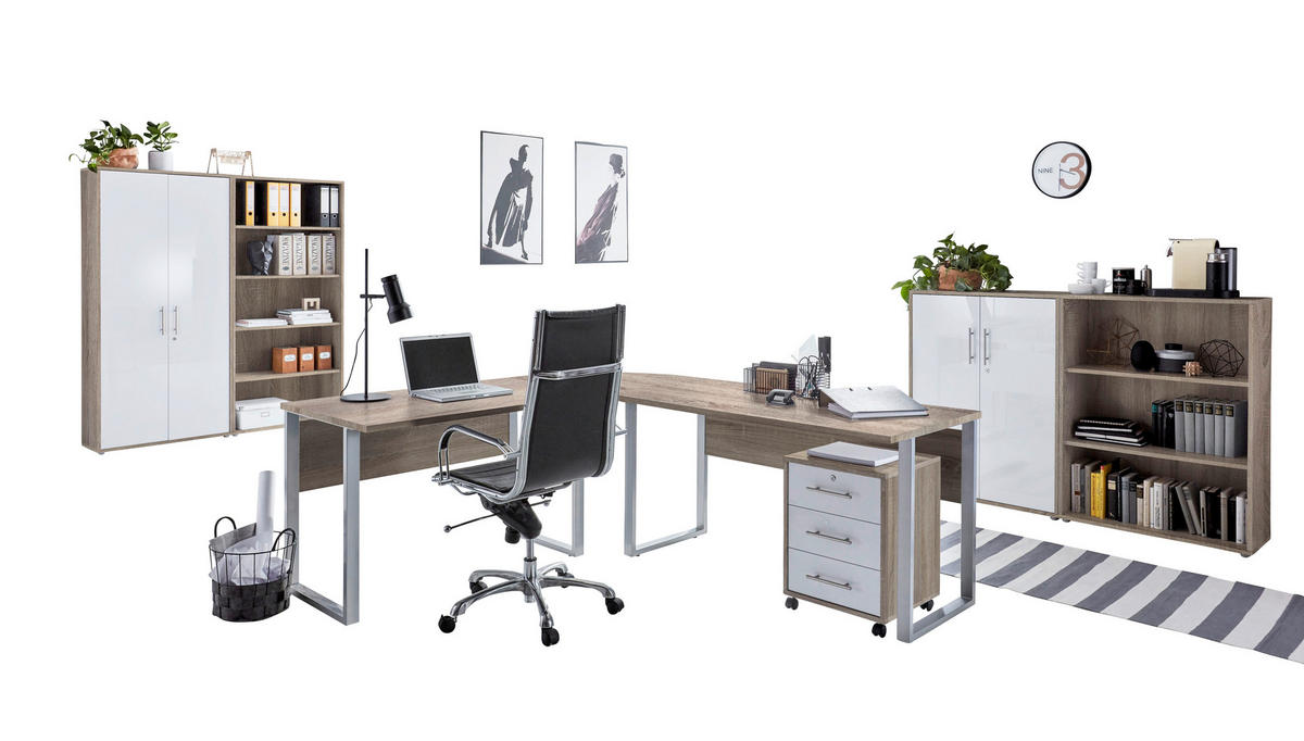 BÜRO - Weiß Hochglanz/Sonoma Eiche, MODERN, Holzwerkstoff - MID.YOU